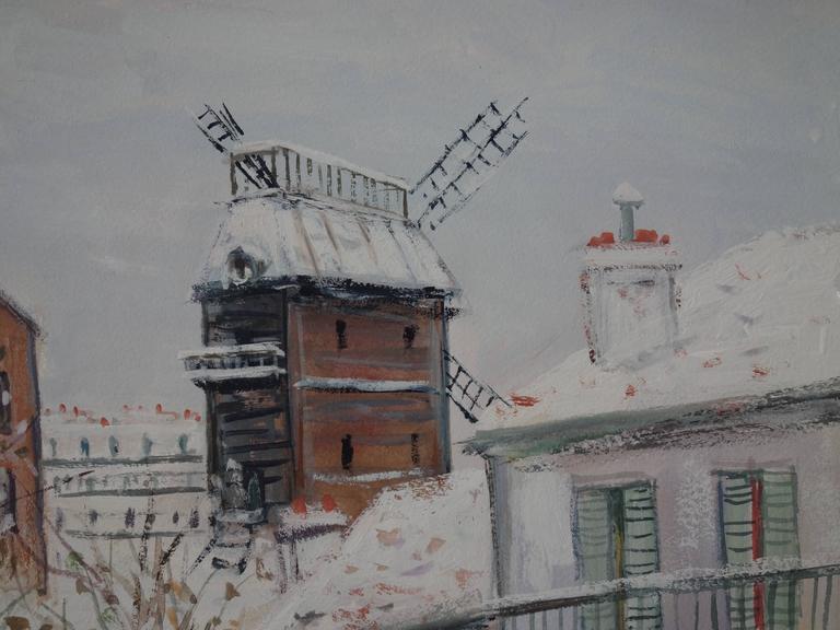 Paris : Winter Day at Montmartre - Original signed gouache painting - Cerificate For Sale 1