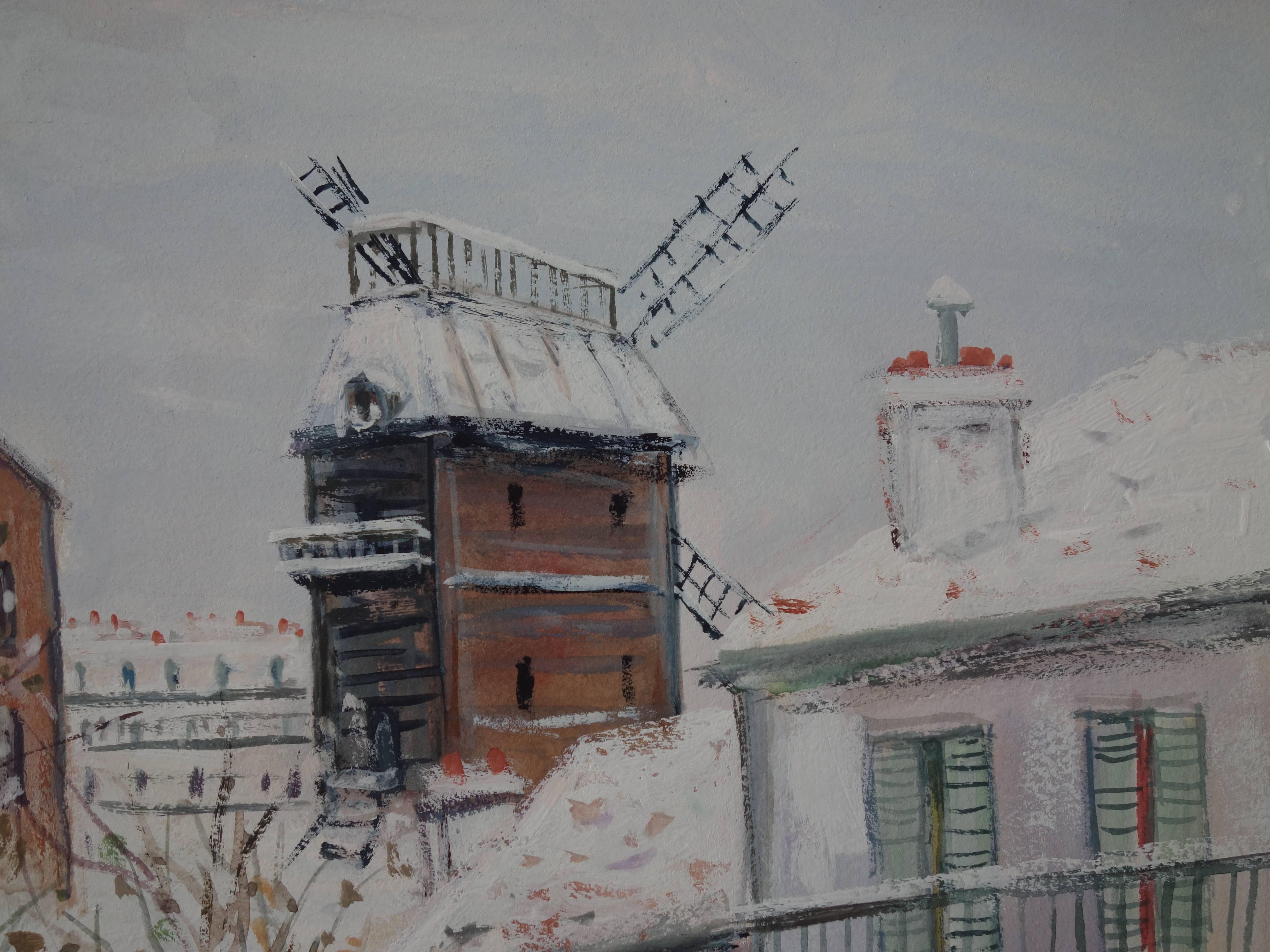 Paris : Winter Day at Montmartre - Original signed gouache painting - Cerificate - Realist Painting by Maurice Utrillo