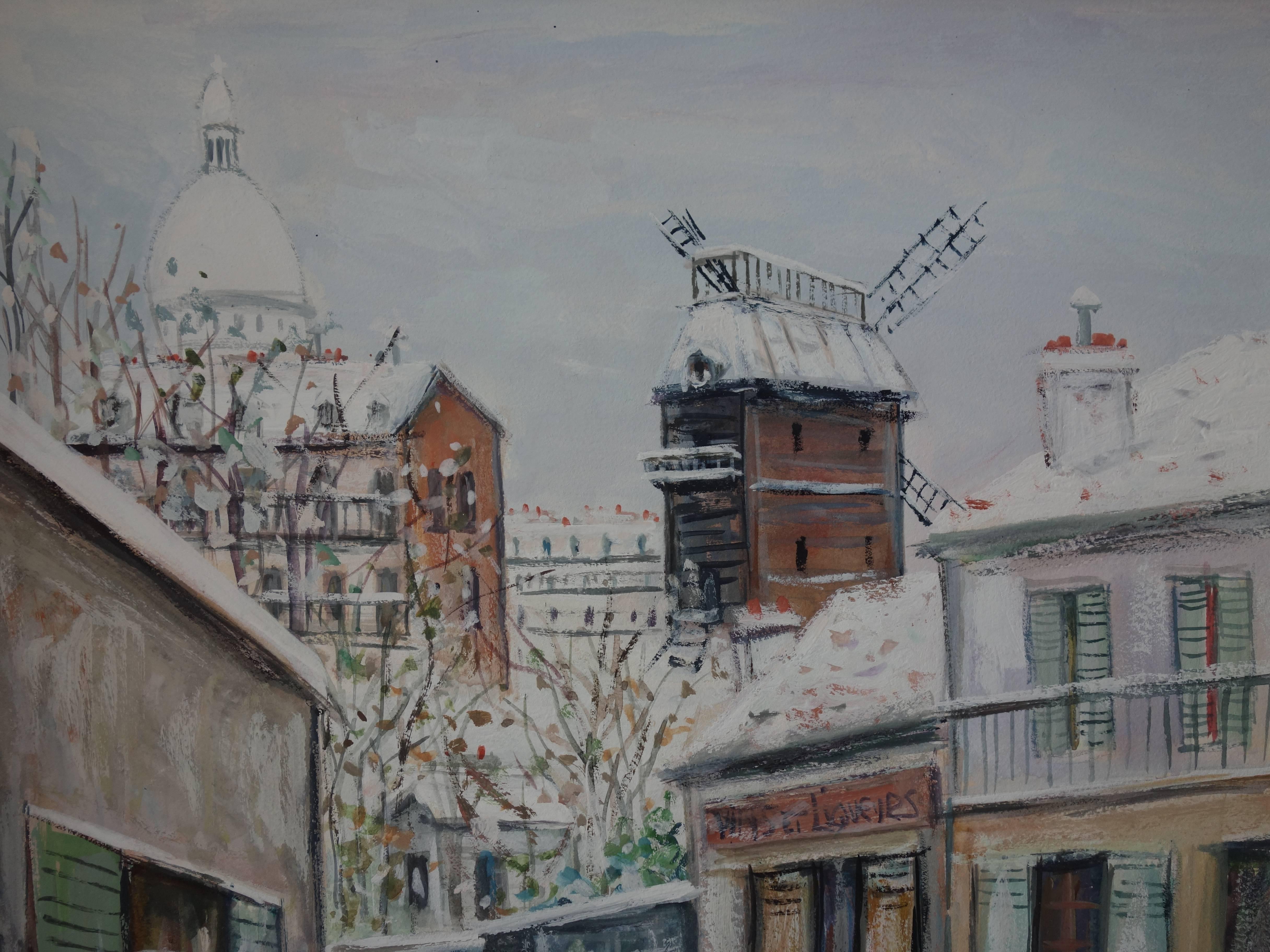 Paris : Winter Day at Montmartre - Original signed gouache painting - Cerificate - Gray Landscape Painting by Maurice Utrillo