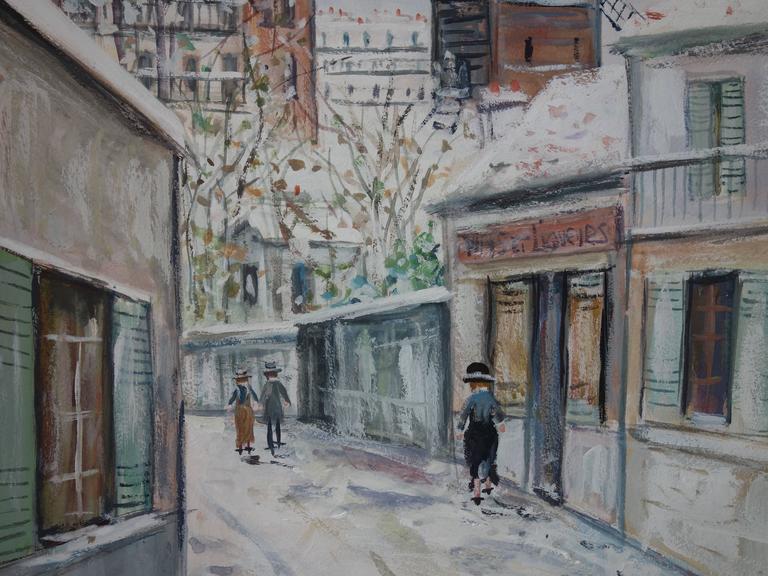 Paris : Winter Day at Montmartre - Original signed gouache painting - Cerificate For Sale 3