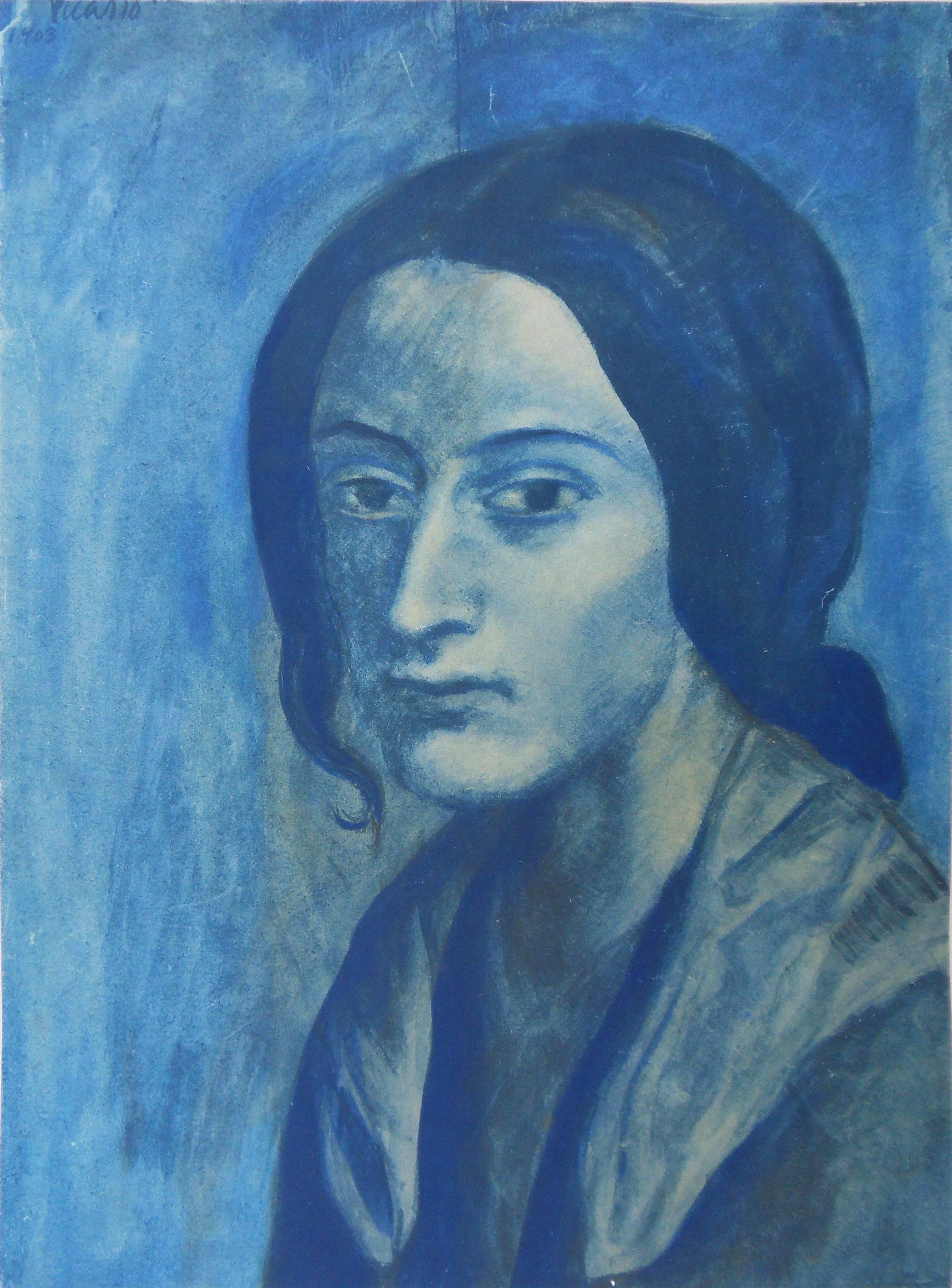 Unknown Portrait Print - Pablo PICASSO (after) : Portrait in Blue - pochoir - 500 copies - 1963