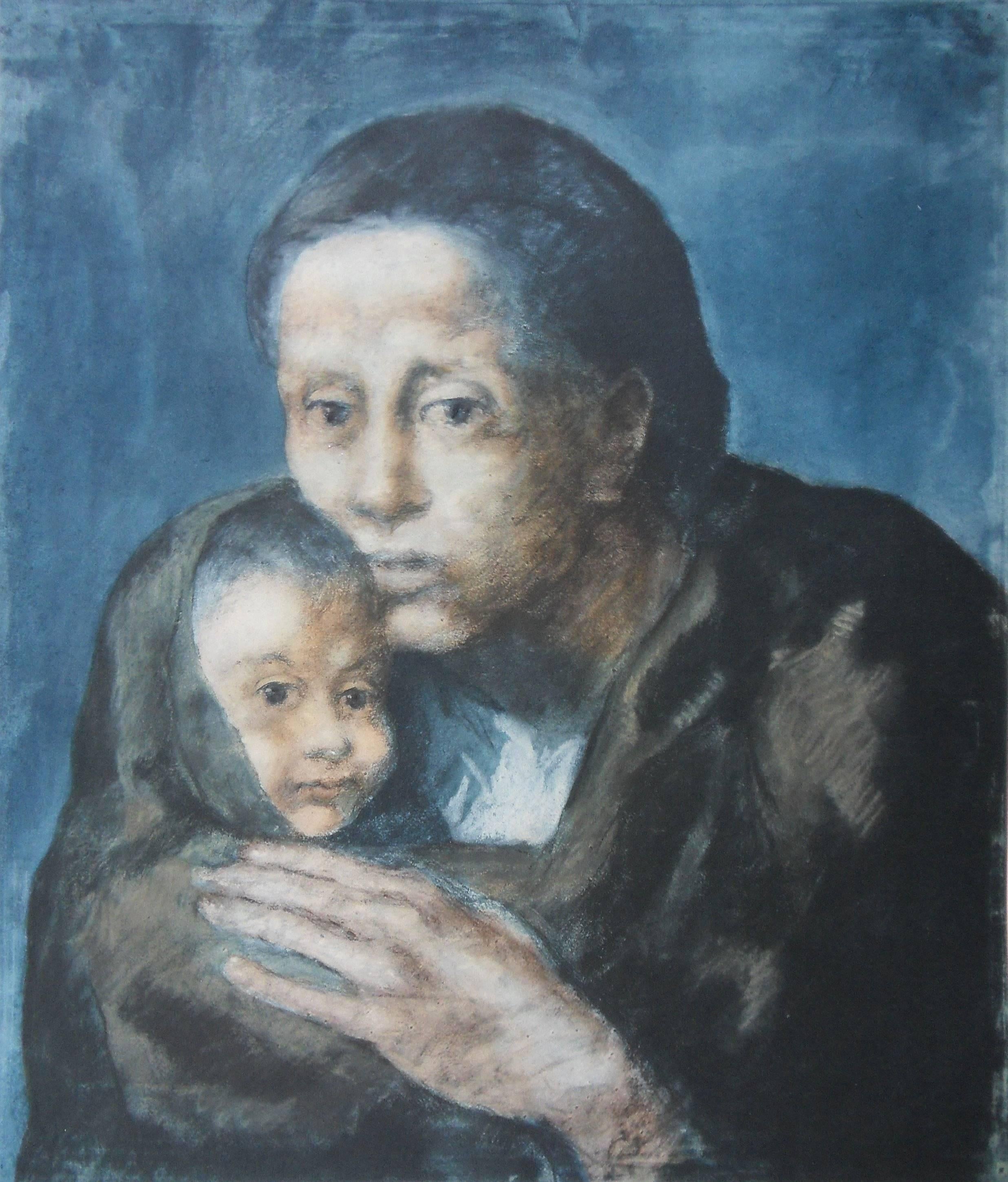 Unknown Portrait Print - Pablo PICASSO (after) : Blue Period, Maternity - Pochoir - 500 copies - 1963
