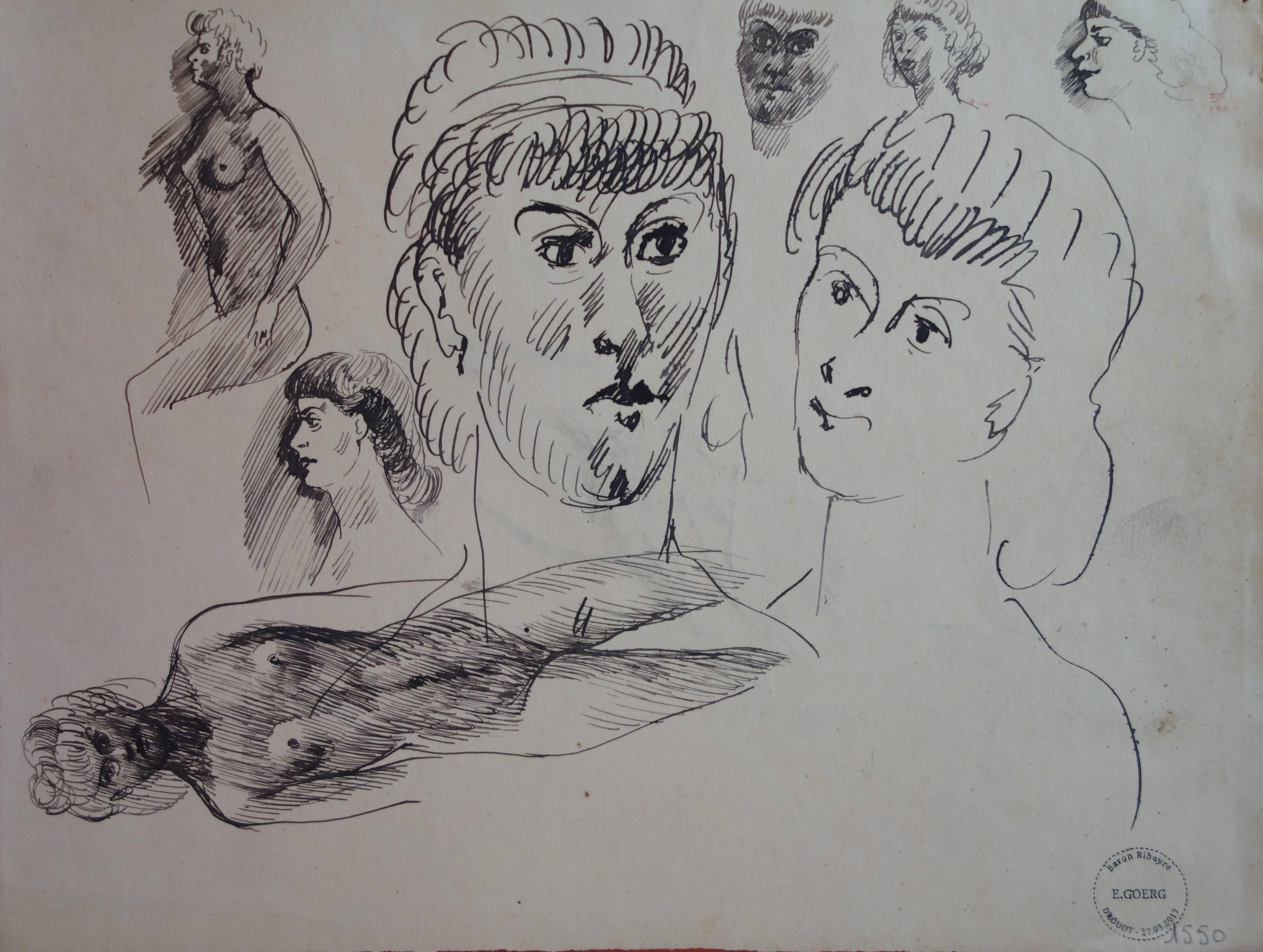 Nude and portrait sketches - Original signed drawing - Art by Edouard Goerg
