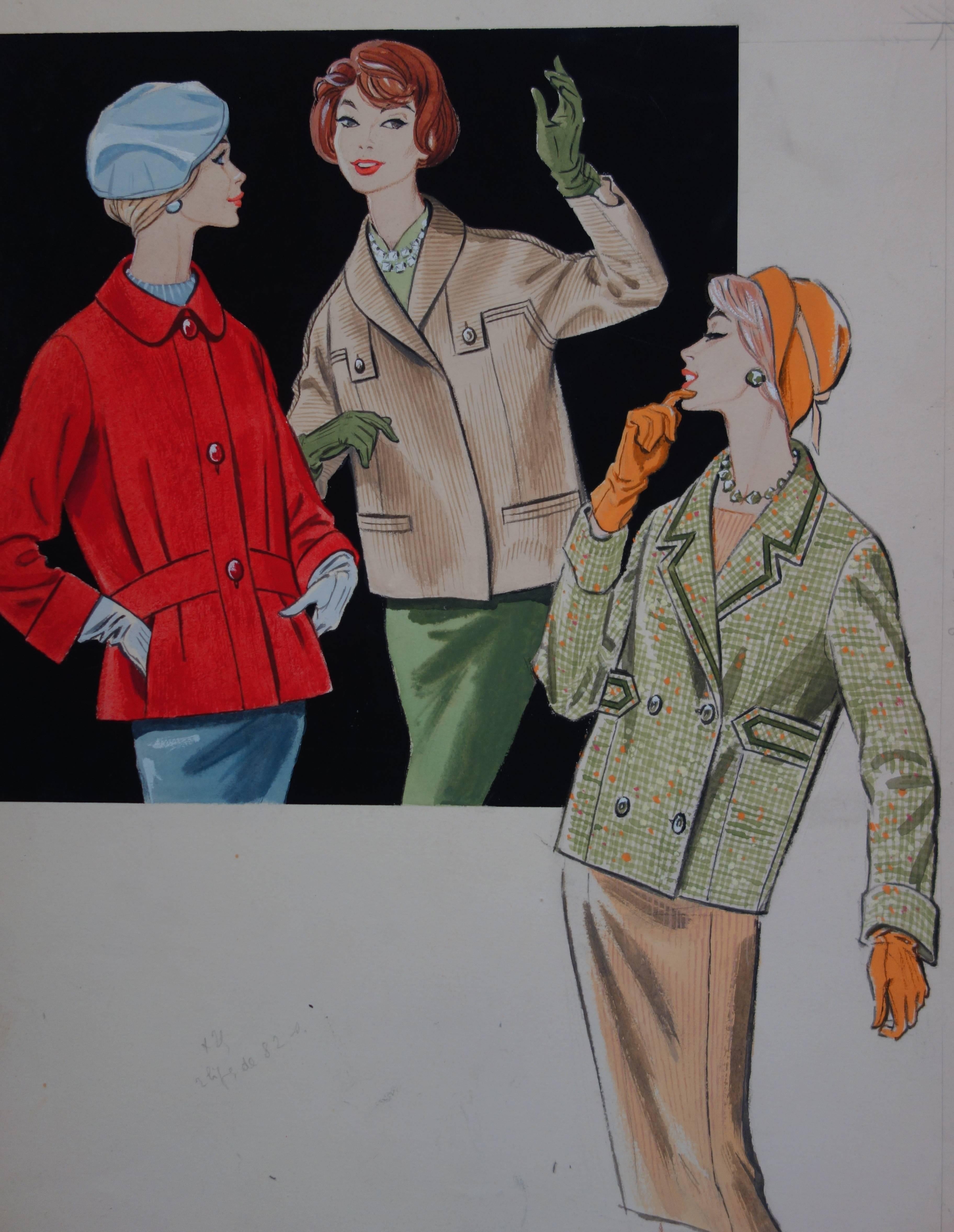 Mode drawing : Three Elegant Women - Original watercolor and gouache drawing - Art by Rosy Andreasi-Verdier