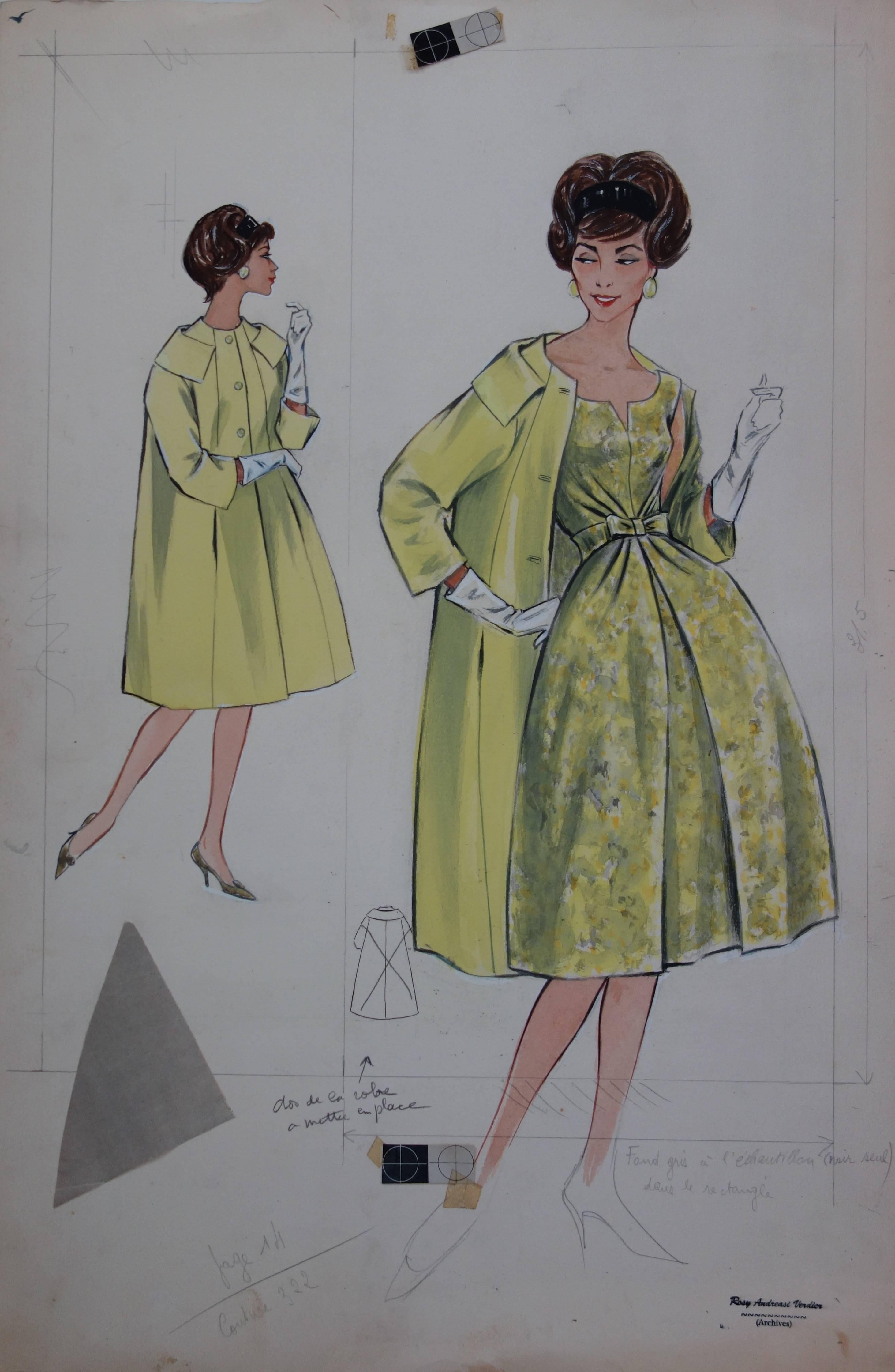 Figurative Art di Rosy Andreasi-Verdier - Disegno Mode: Cappotto e vestito giallo - Disegno originale ad acquerello e guazzo