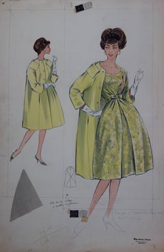 Mode Drawing : Yellow Coat and Dress - Original watercolor & Gouache drawing