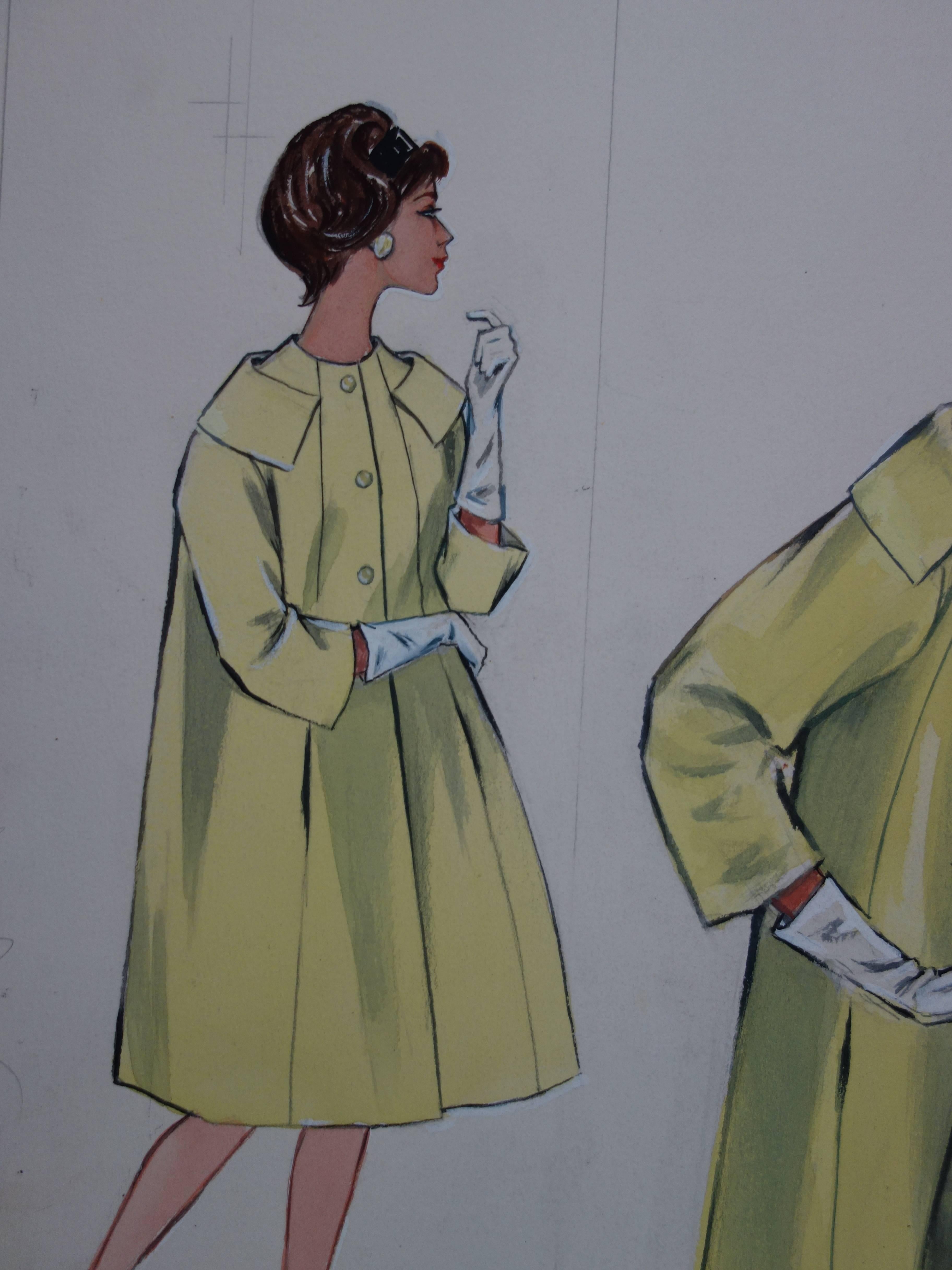 Mode Drawing : Yellow Coat and Dress - Original watercolor & Gouache drawing - Realist Art by Rosy Andreasi-Verdier