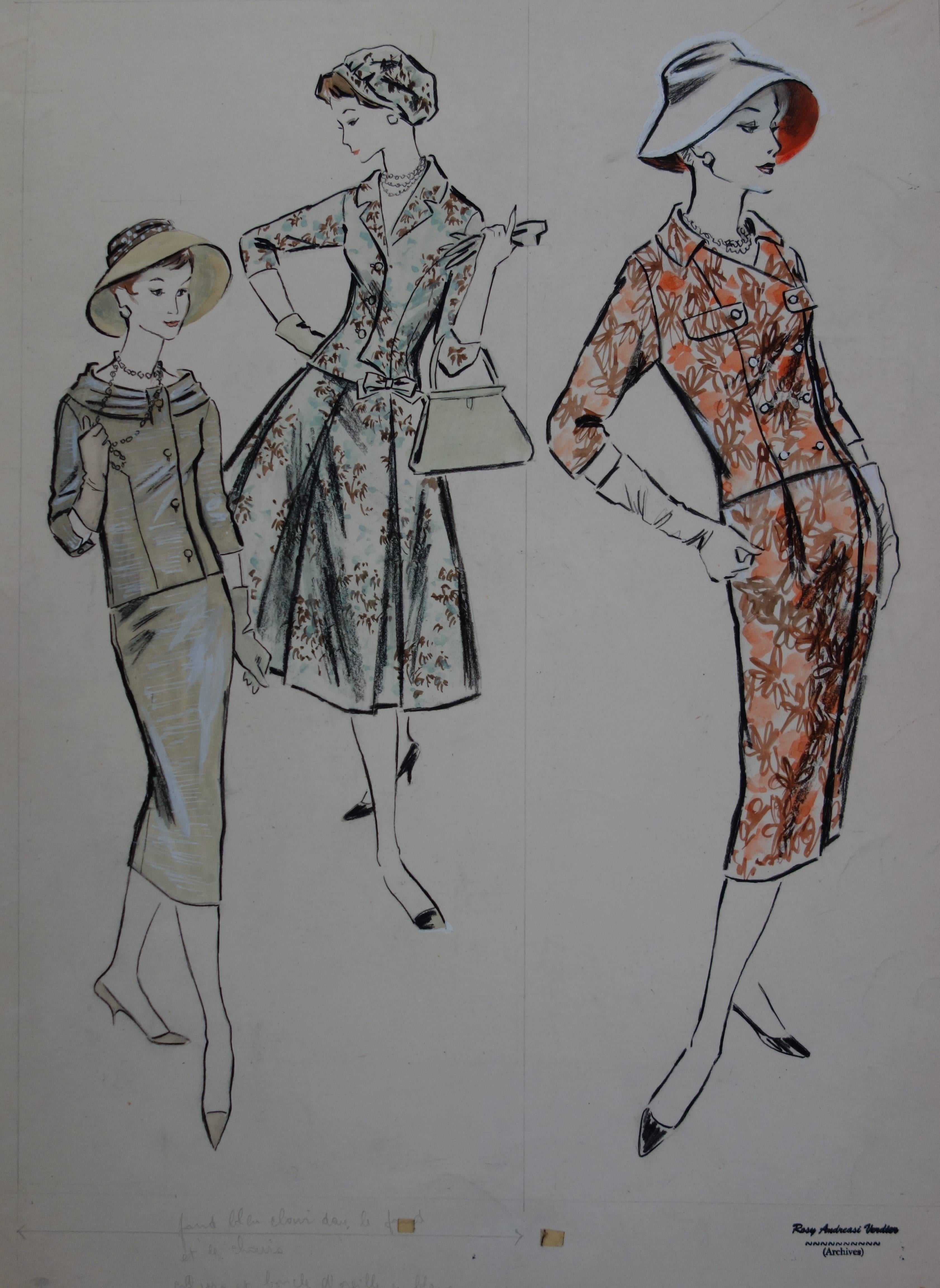 Mode Zeichnung: Drei farbenfrohe Kleider - Original Aquarell- und Gouachezeichnung