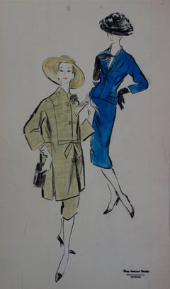 Dibujo de moda : Vestidos verdes y azules - Dibujo original en acuarela y gouache