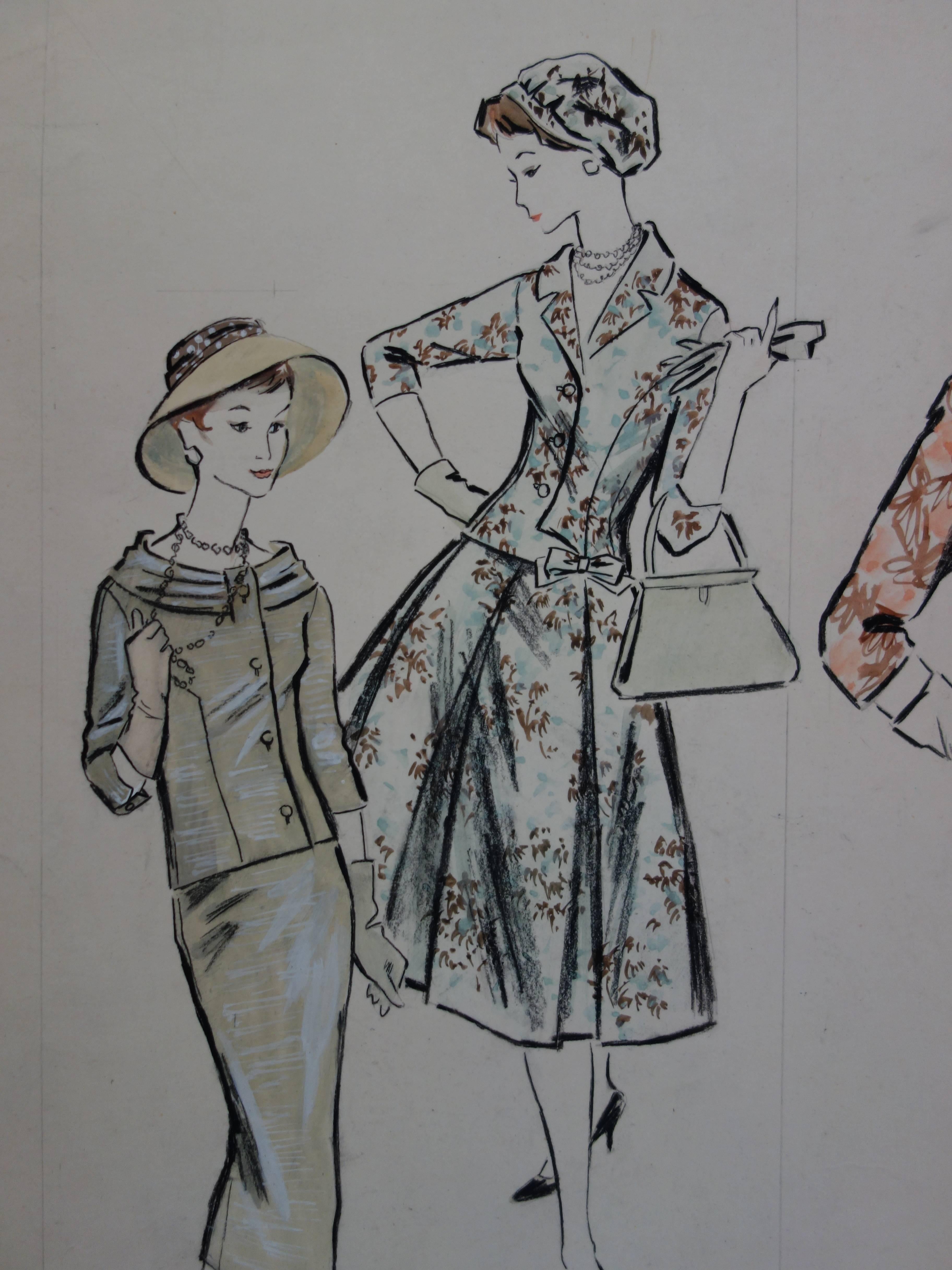 Rosy ANDREASI-VERDIER (1934-2015)
Dessin de mode : Trois robes colorées

Dessin original à la gouache et à l'aquarelle
Porte le cachet des Archives 