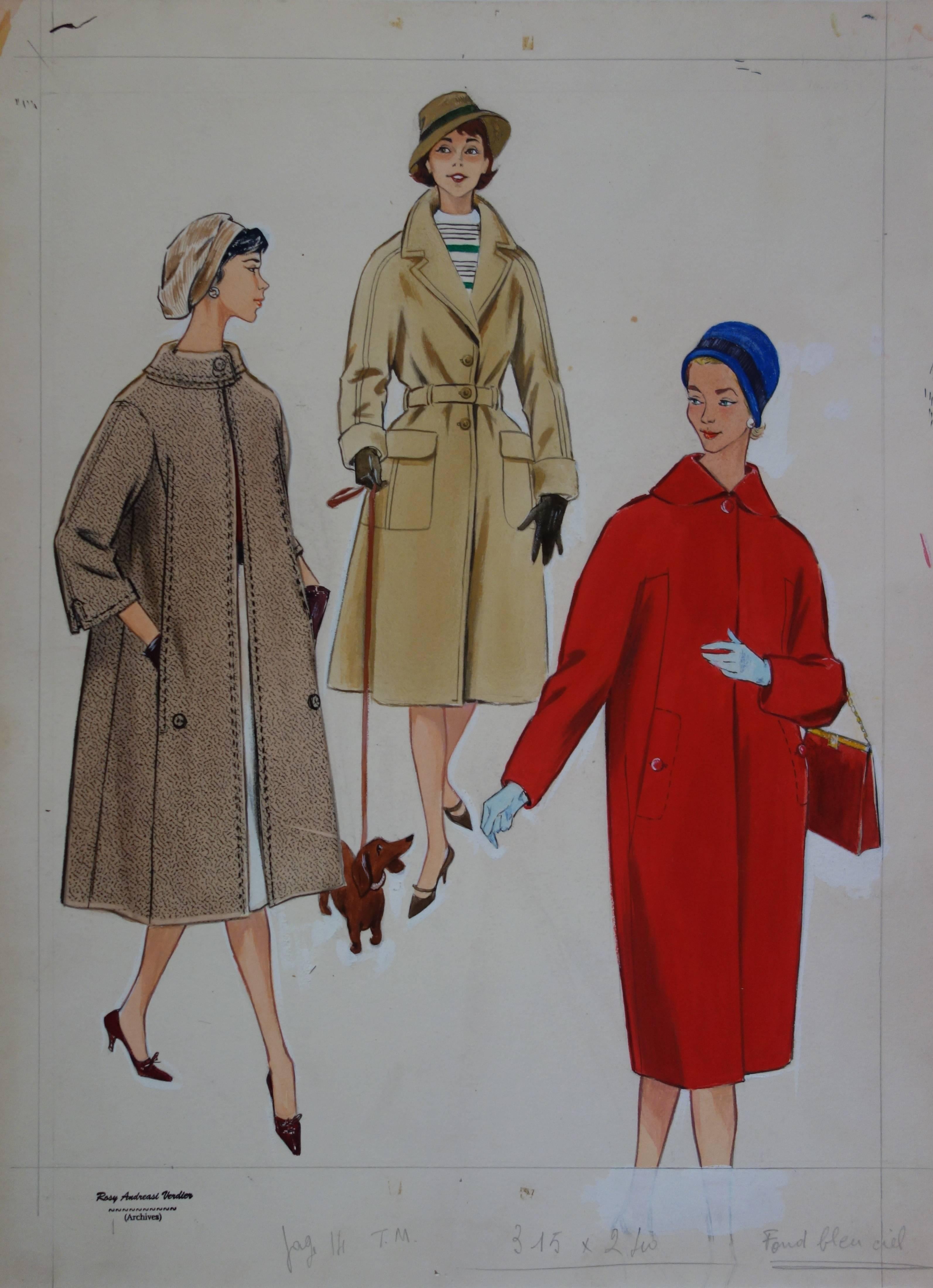 Rosy Andreasi-Verdier Figurative Art - Mode Drawing : Three Elegant Coats - Original watercolor & Gouache drawing