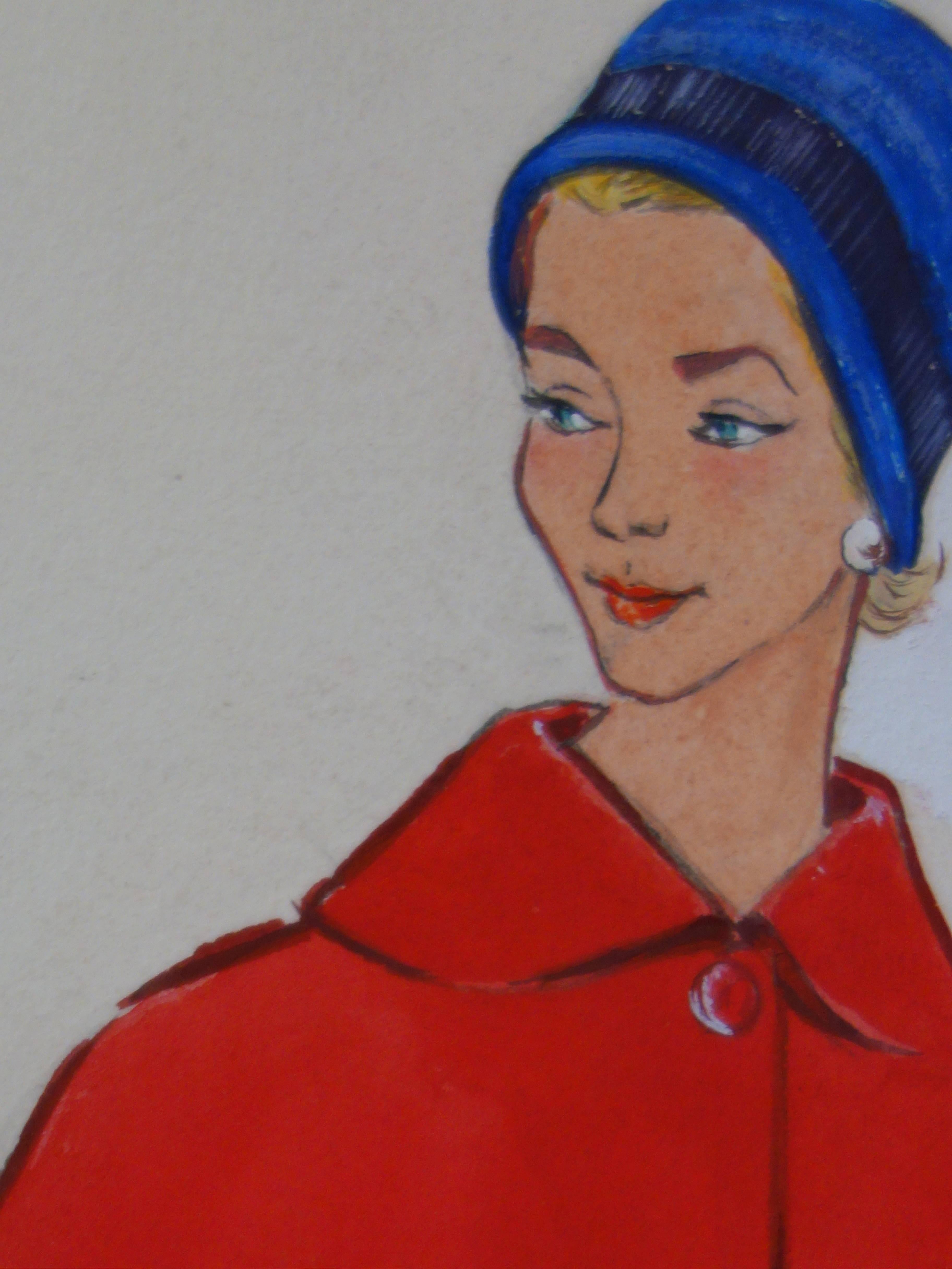 Disegno Mode: Tre cappotti eleganti - Disegno originale ad acquerello e guazzo in vendita 1