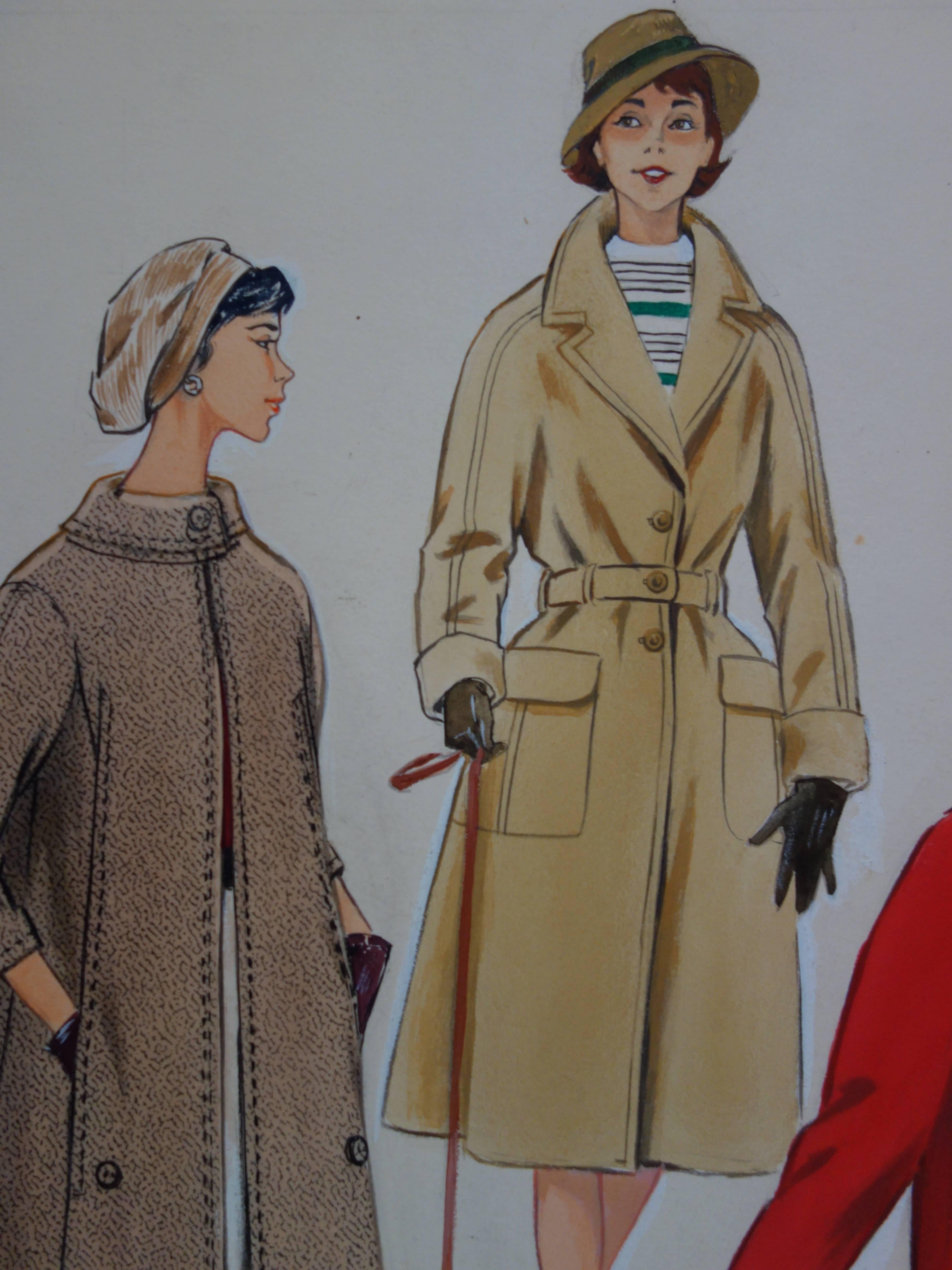 Disegno Mode: Tre cappotti eleganti - Disegno originale ad acquerello e guazzo - Art Realismo di Rosy Andreasi-Verdier