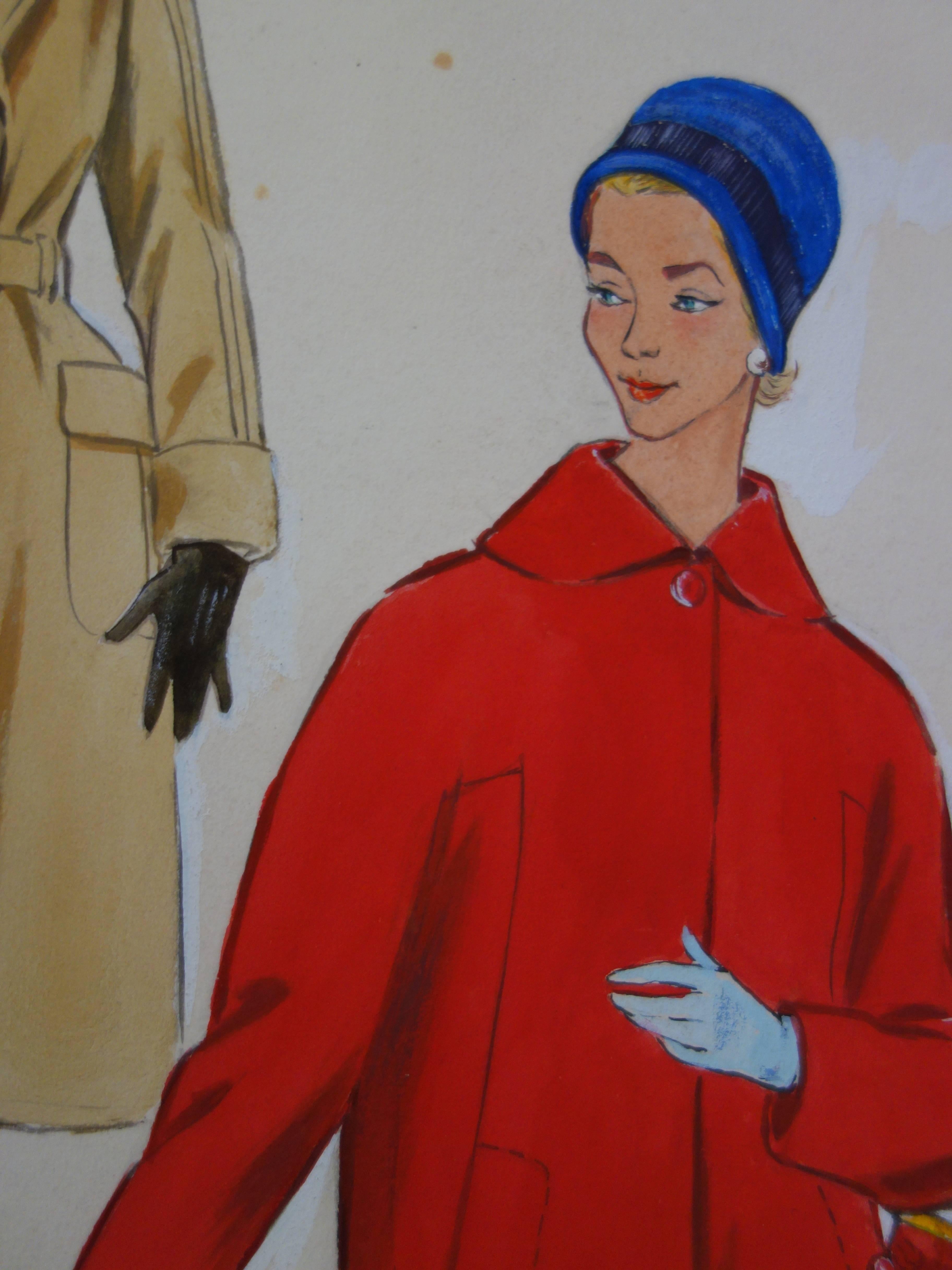 Mode Drawing : Three Elegant Coats - Original watercolor & Gouache drawing - Gray Figurative Art by Rosy Andreasi-Verdier