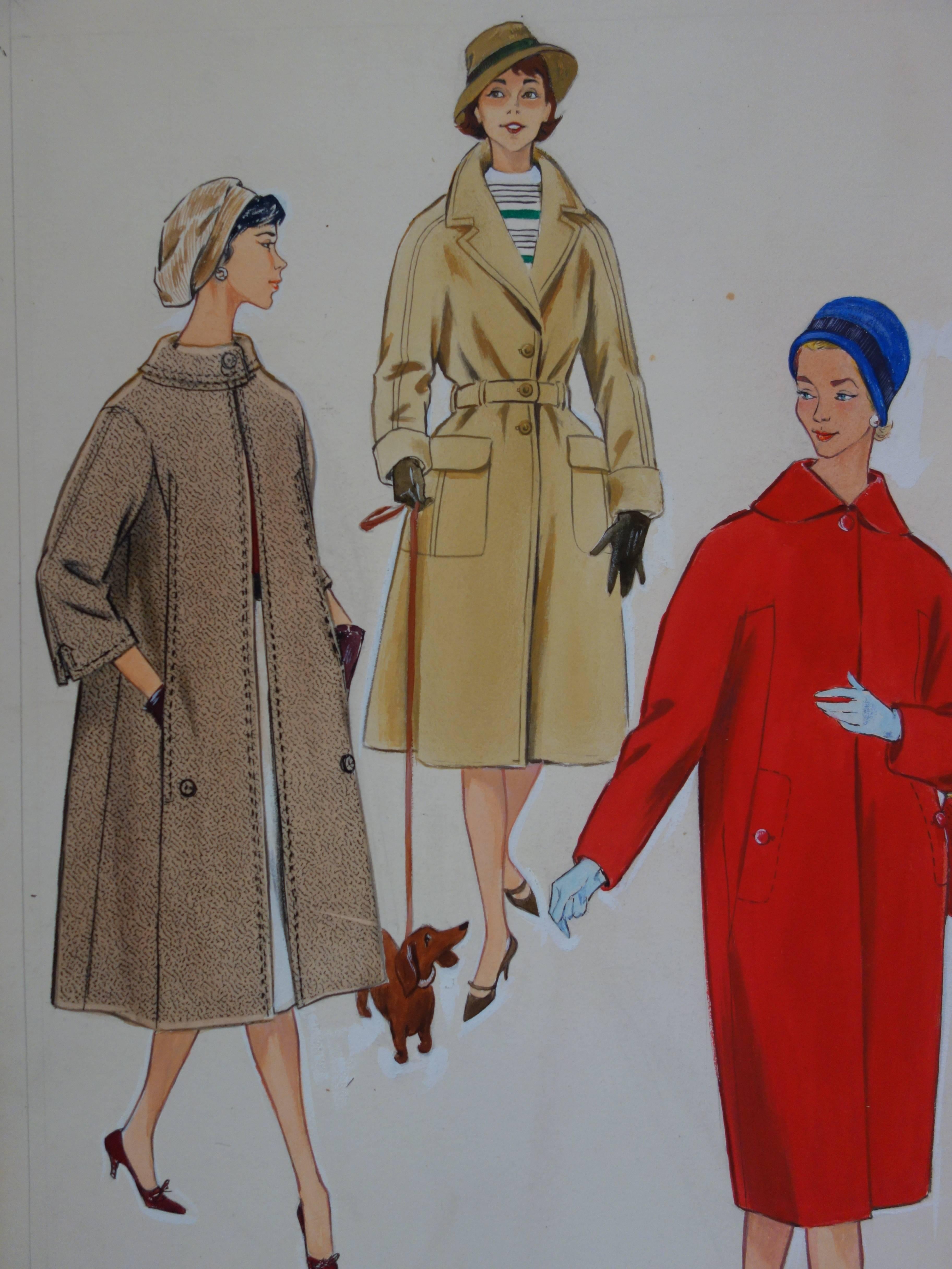 Disegno Mode: Tre cappotti eleganti - Disegno originale ad acquerello e guazzo - Figurative Art Grigio di Rosy Andreasi-Verdier