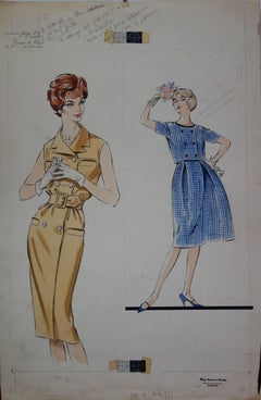 Vintage Mode Drawing : Elegant Short Dresses - Original watercolor & Gouache drawing