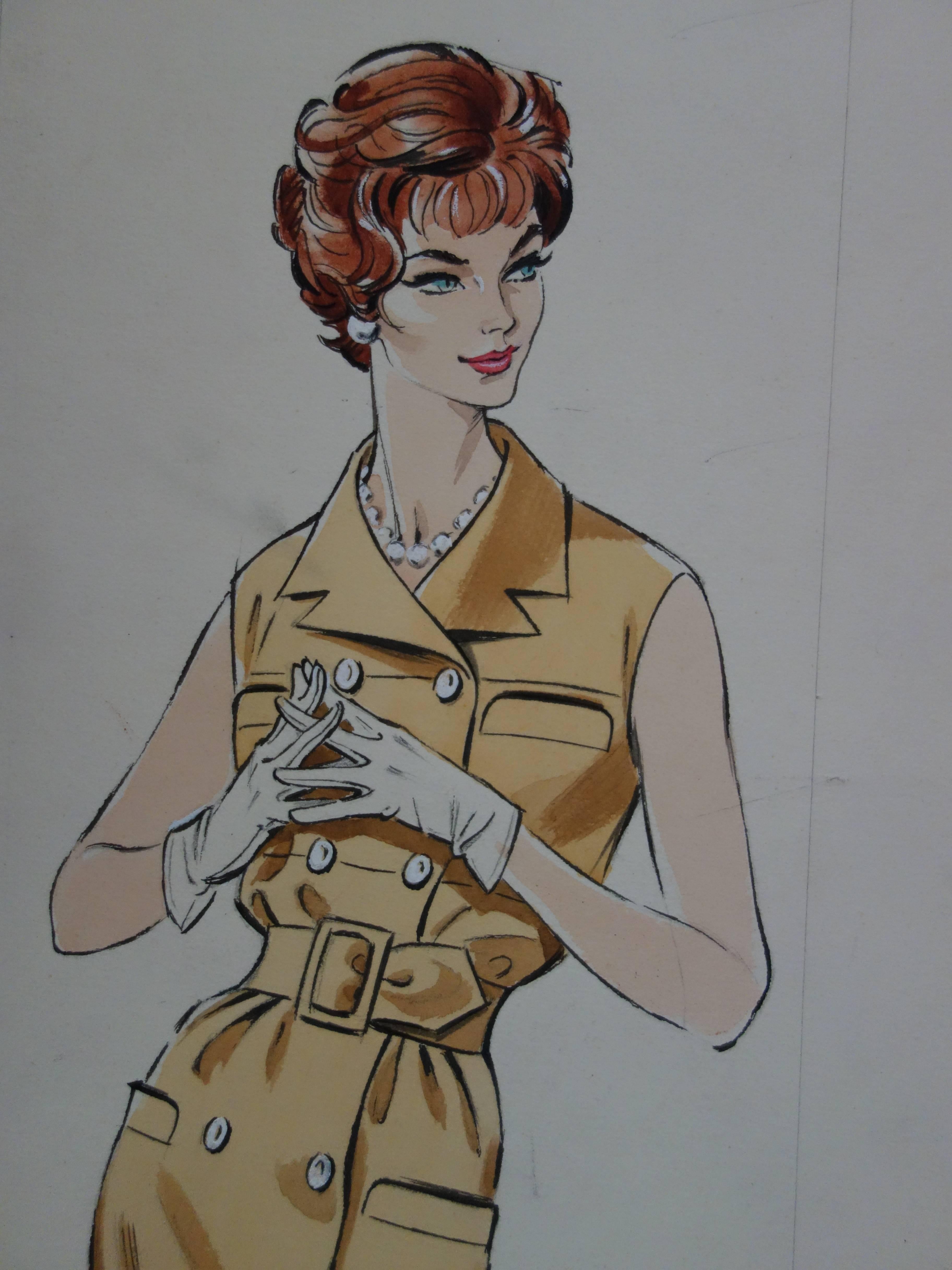 Mode Zeichnung: Elegante kurze Kleider – Original Aquarell- und Gouachezeichnung (Realismus), Art, von Rosy Andreasi-Verdier