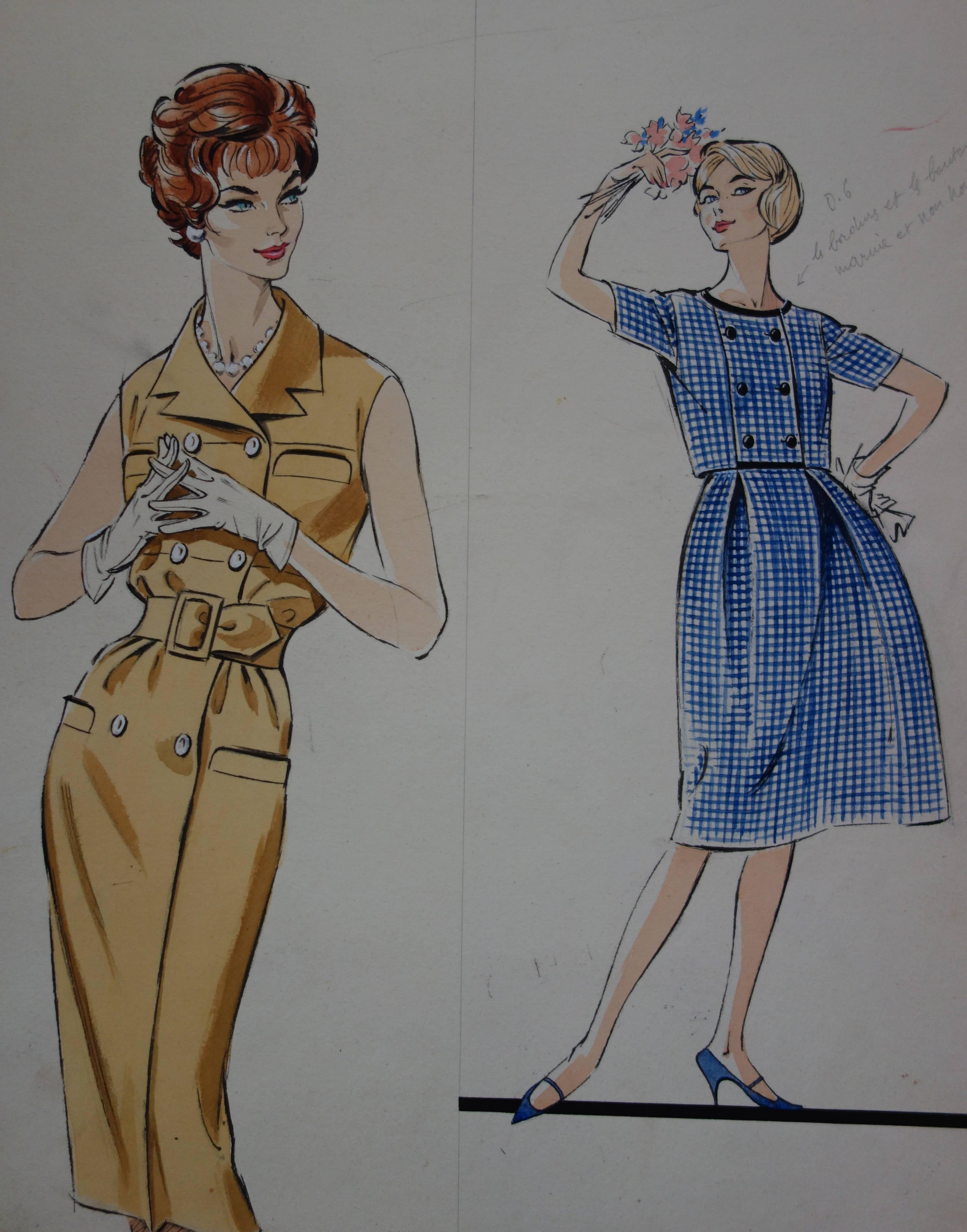 Mode Zeichnung: Elegante kurze Kleider – Original Aquarell- und Gouachezeichnung (Realismus), Art, von Rosy Andreasi-Verdier