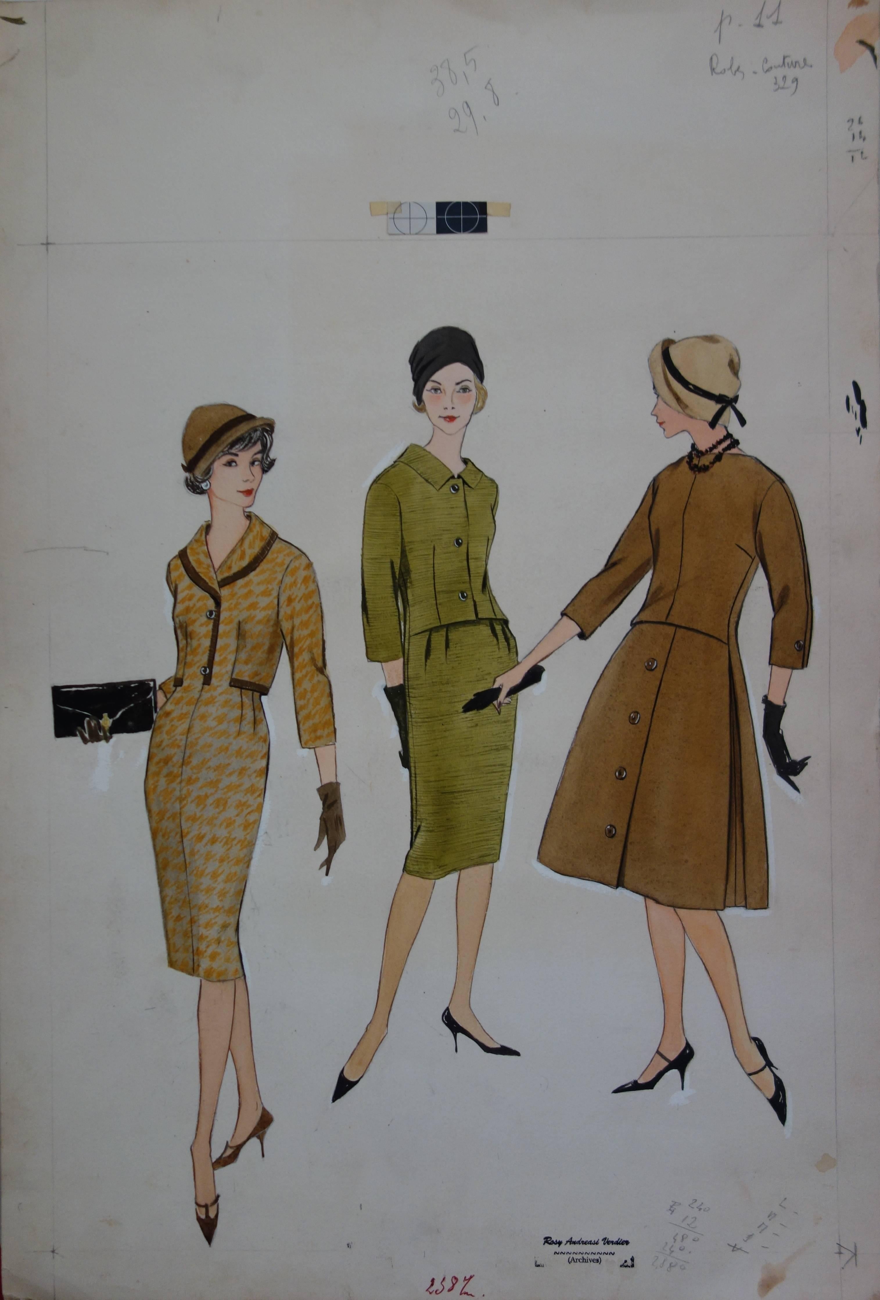 Dibujo Mode : Vestidos elegantes de otoño - Dibujo original en acuarela y gouache - Art Realista de Rosy Andreasi-Verdier
