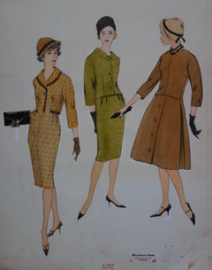 Vintage Mode Drawing : Fall Elegant Dresses - Original watercolor & Gouache drawing