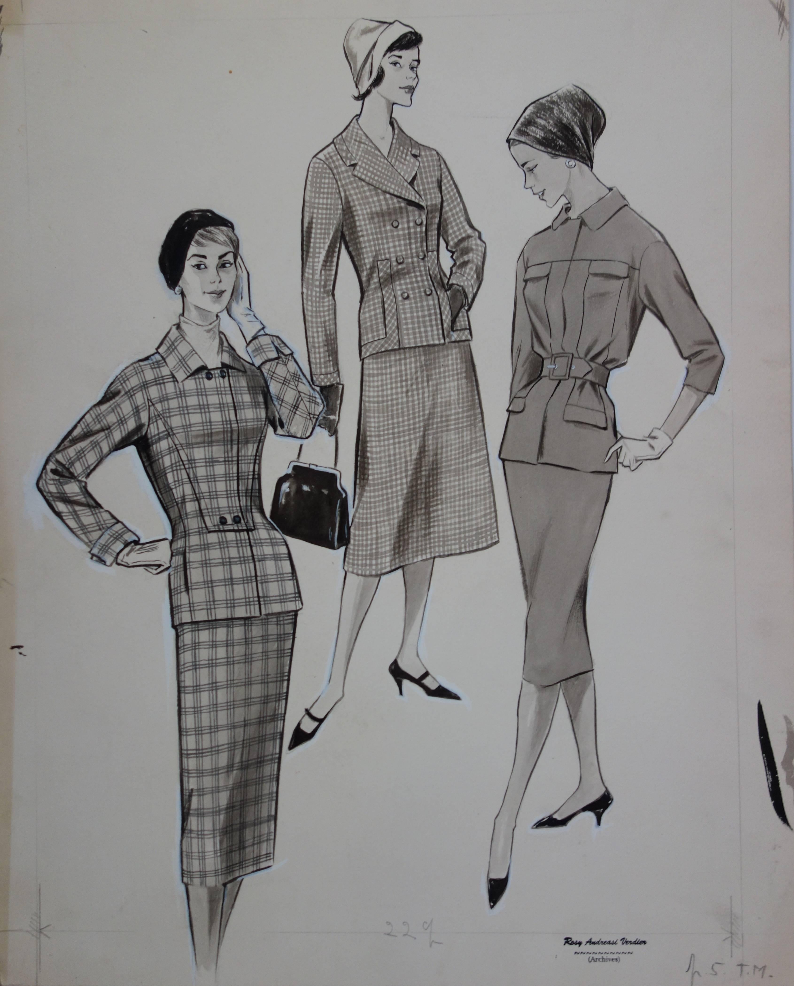 Mode Drawing : Military Inspired Dresses - Original watercolor & Ink drawing