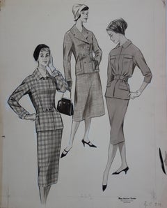 Vintage Mode Drawing : Military Inspired Dresses - Original watercolor & Ink drawing