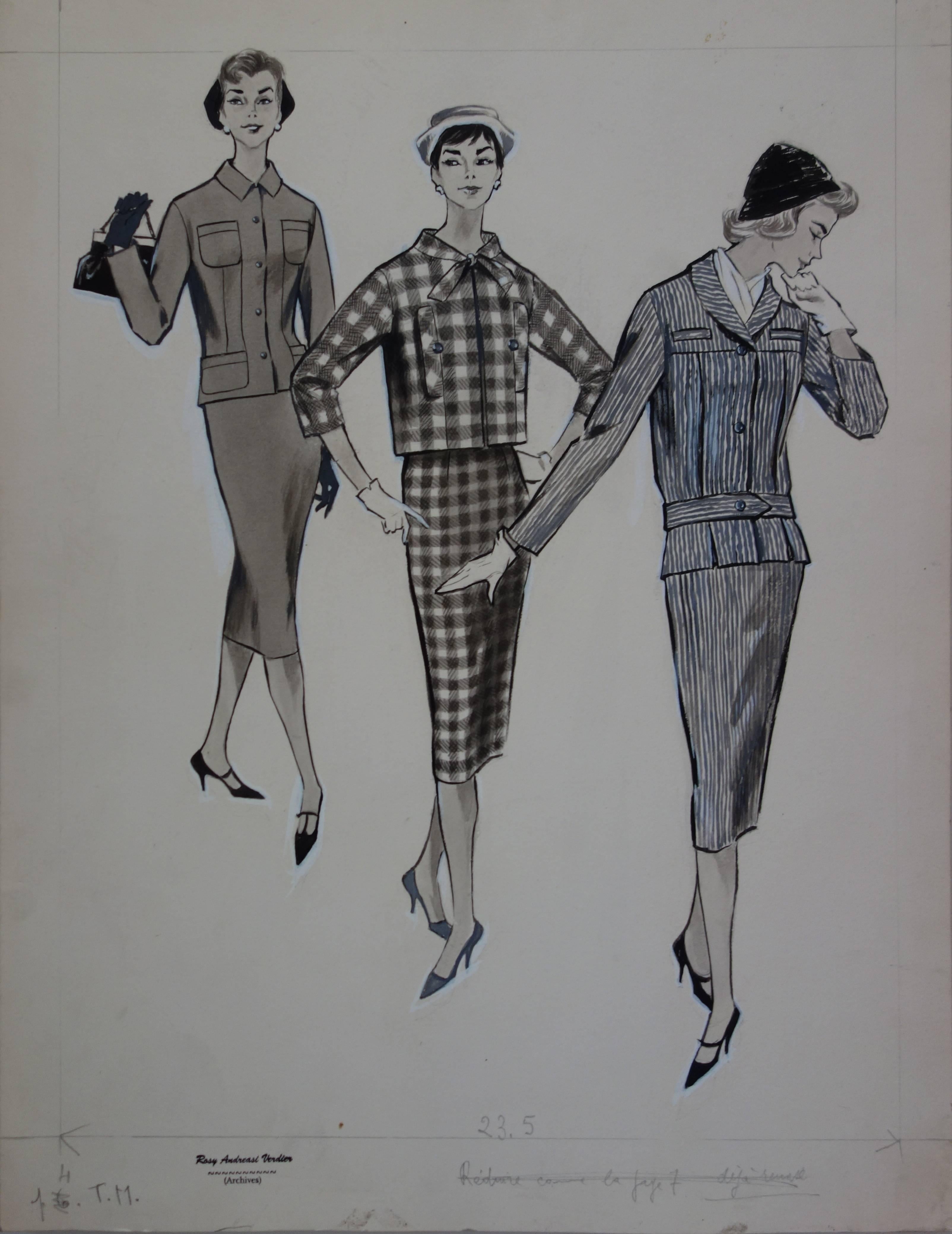 Mode Drawing : Three Elegant Cutters - Original watercolor & ink drawing