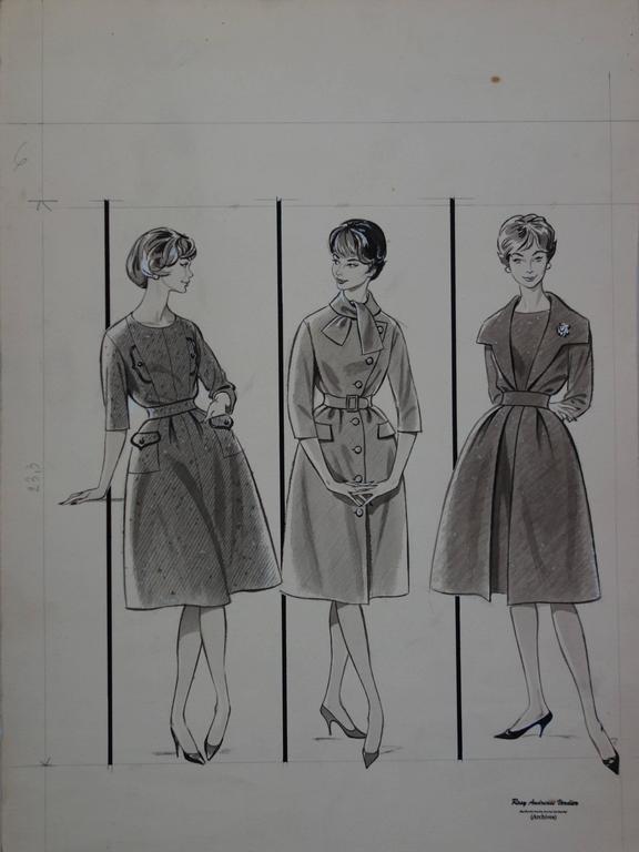 Rosy Andreasi Verdier Mode Drawing Three Dresses with Bell