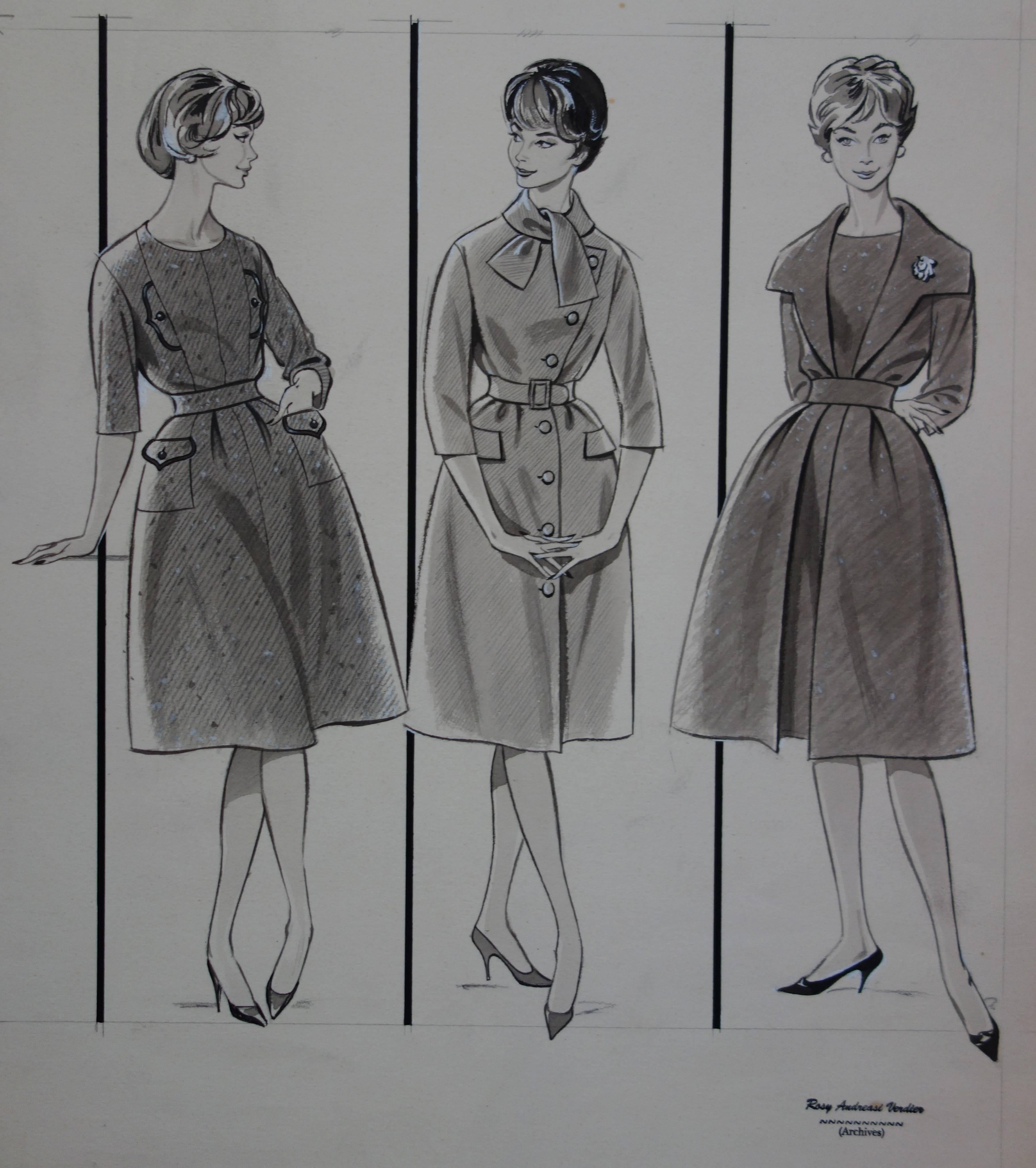 Figurative Art de Rosy Andreasi-Verdier - Dibujo Mode : Tres vestidos con campana - Dibujo original en acuarela y tinta
