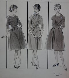 Mode Zeichnung: Drei Kleider mit Glocke - Original Aquarell- und Tuschezeichnung
