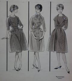 Dibujo Mode : Tres vestidos con campana - Dibujo original en acuarela y tinta