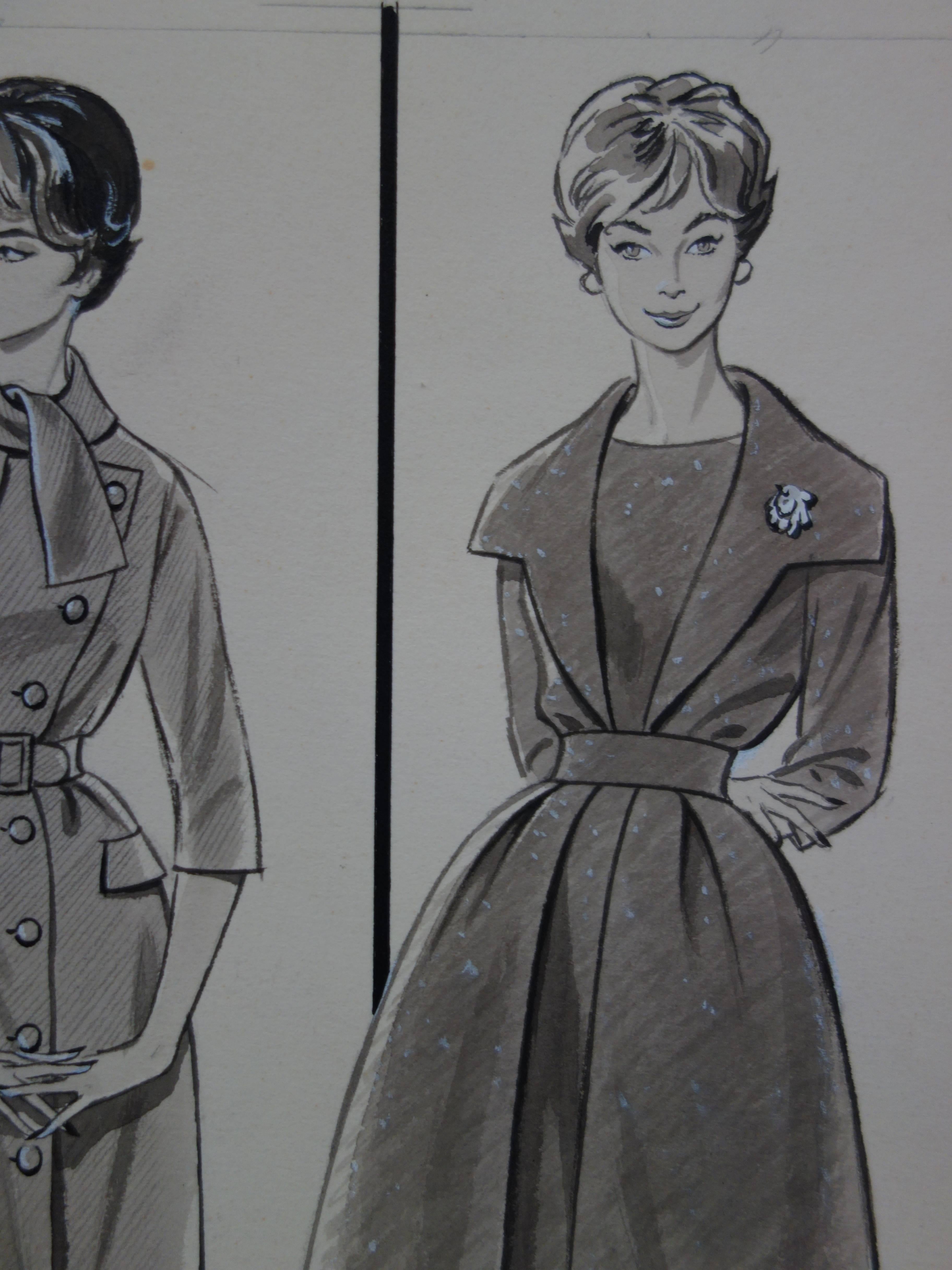 Rosy ANDREASI-VERDIER (1934-2015)
Dibujo de modo : Tres vestidos con campana

Dibujo original en tinta y acuarela
Lleva el sello de los Archivos 