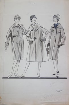 Vintage Mode Drawing : Three Long Coats - Original watercolor & ink drawing