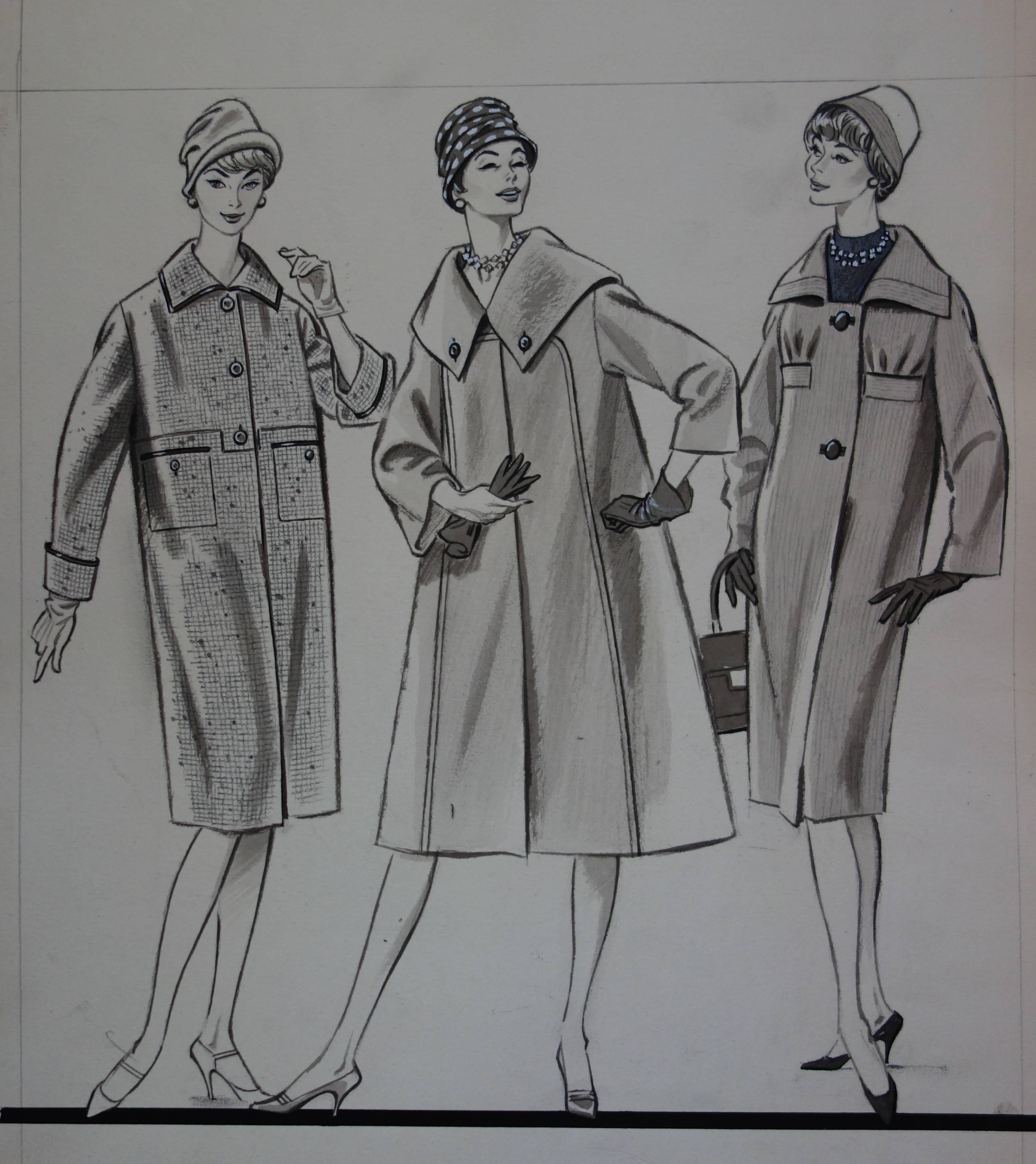 Disegno Mode: Tre cappotti lunghi - Disegno originale ad acquerello e inchiostro - Art Realismo di Rosy Andreasi-Verdier