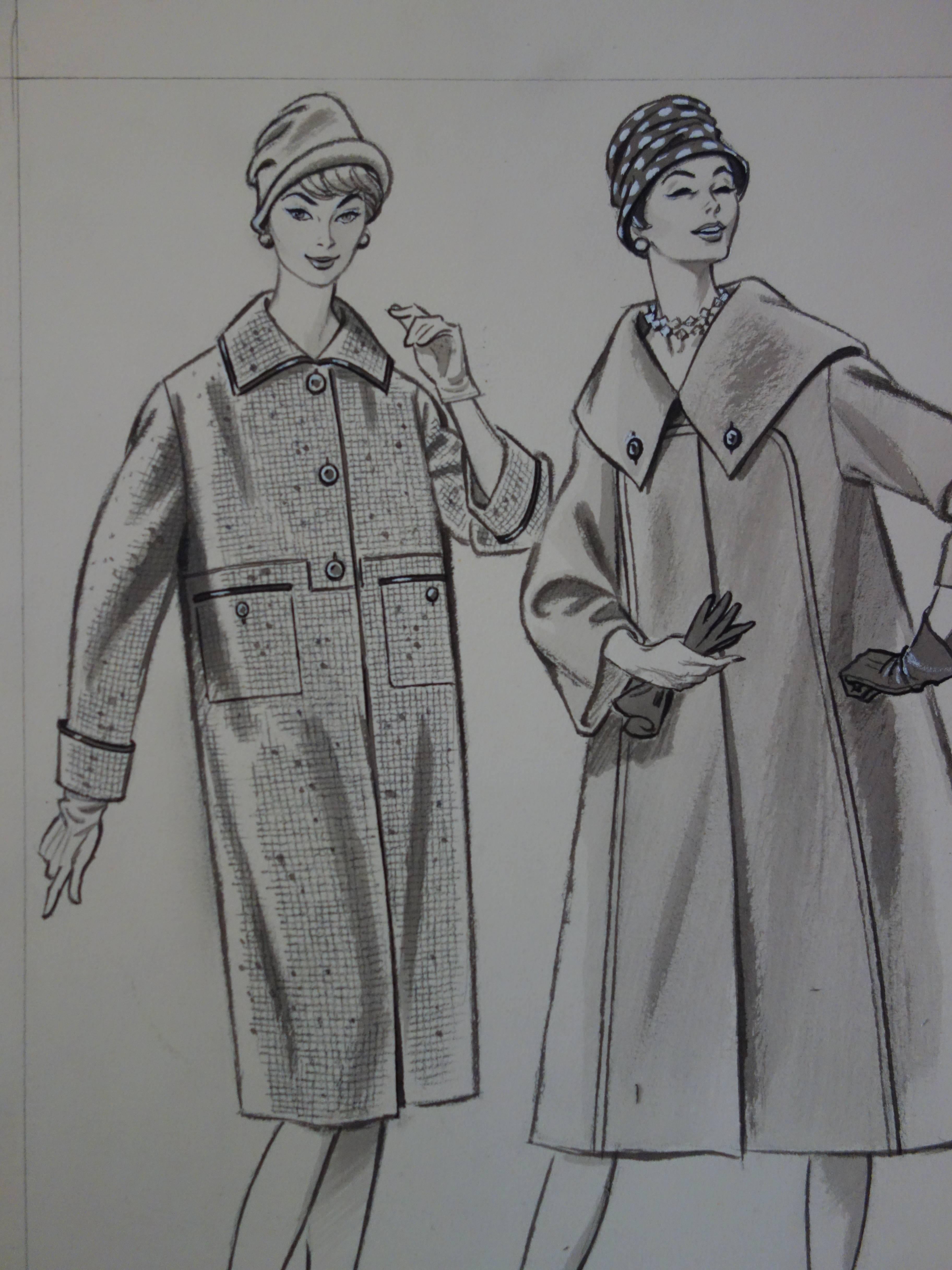 Disegno Mode: Tre cappotti lunghi - Disegno originale ad acquerello e inchiostro - Figurative Art Grigio di Rosy Andreasi-Verdier