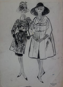 Vintage Mode Drawing : Pretty Elegant Girls - Original charcoal drawing