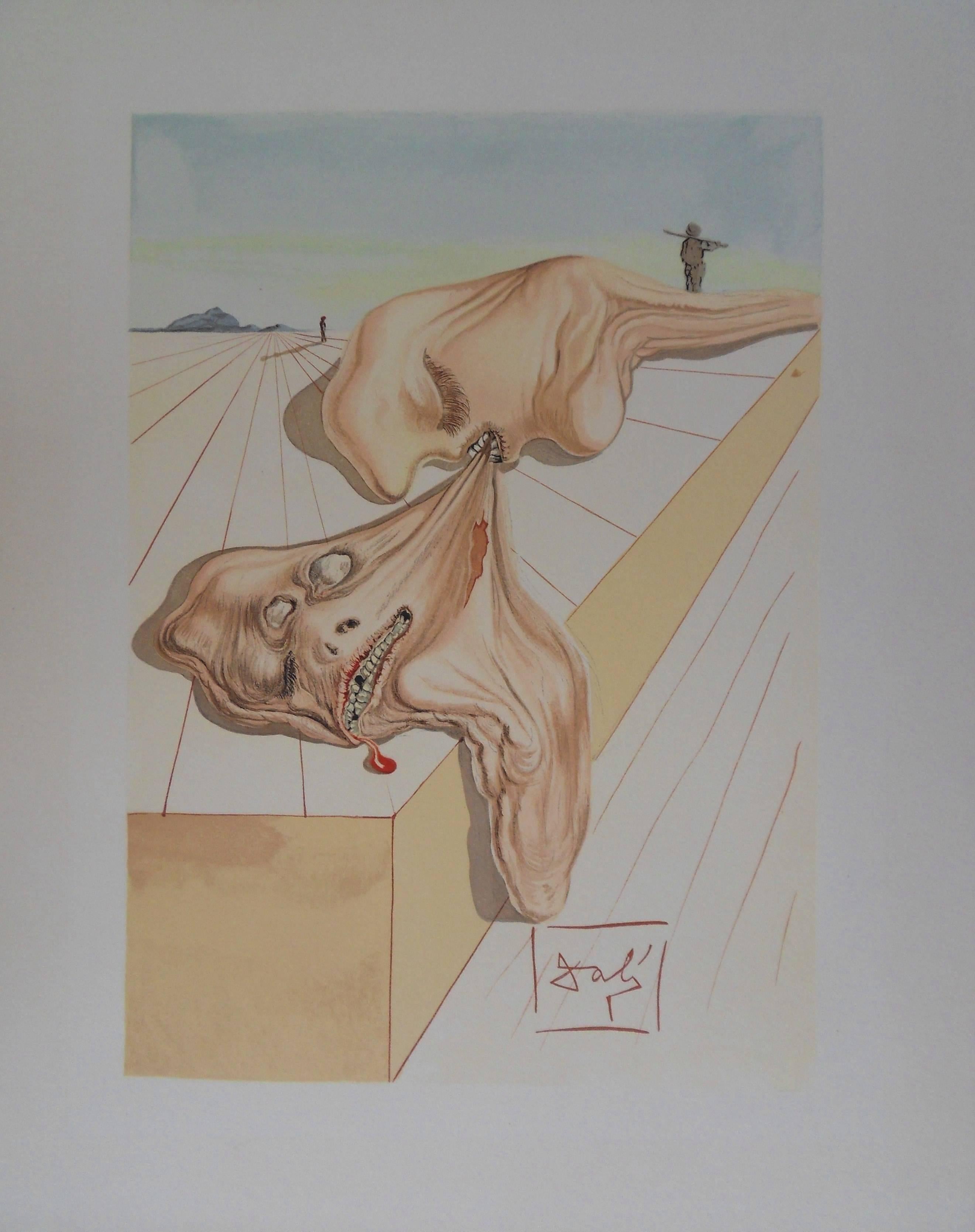Salvador Dalí Figurative Print - Hell 30 - The Men Who Eat Each Other - woodcut - 1963
