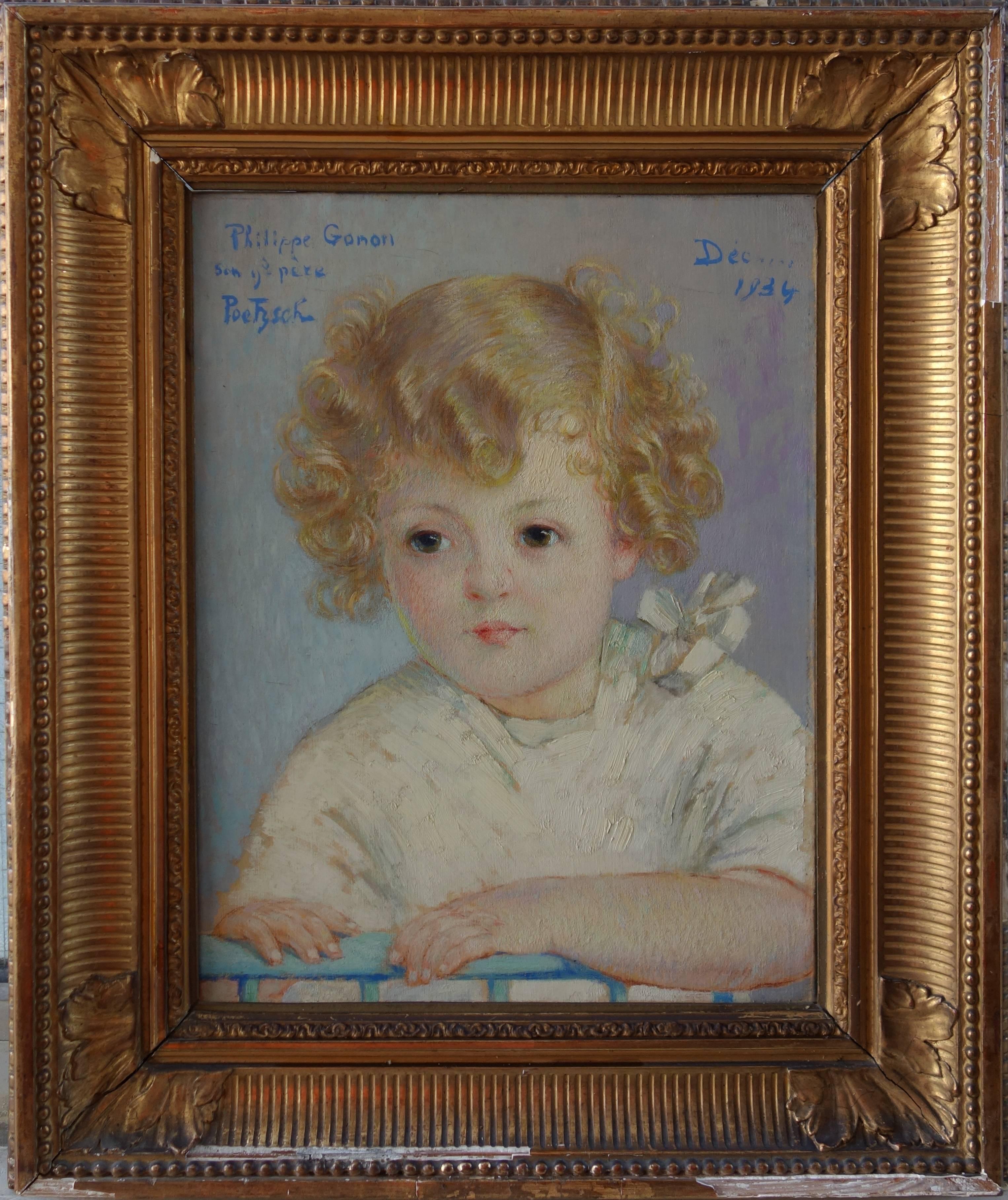 Gustave Poetzsch Portrait Painting – Blonder blonder Haarjunge - Original signiertes Öl auf Leinwand - 1934