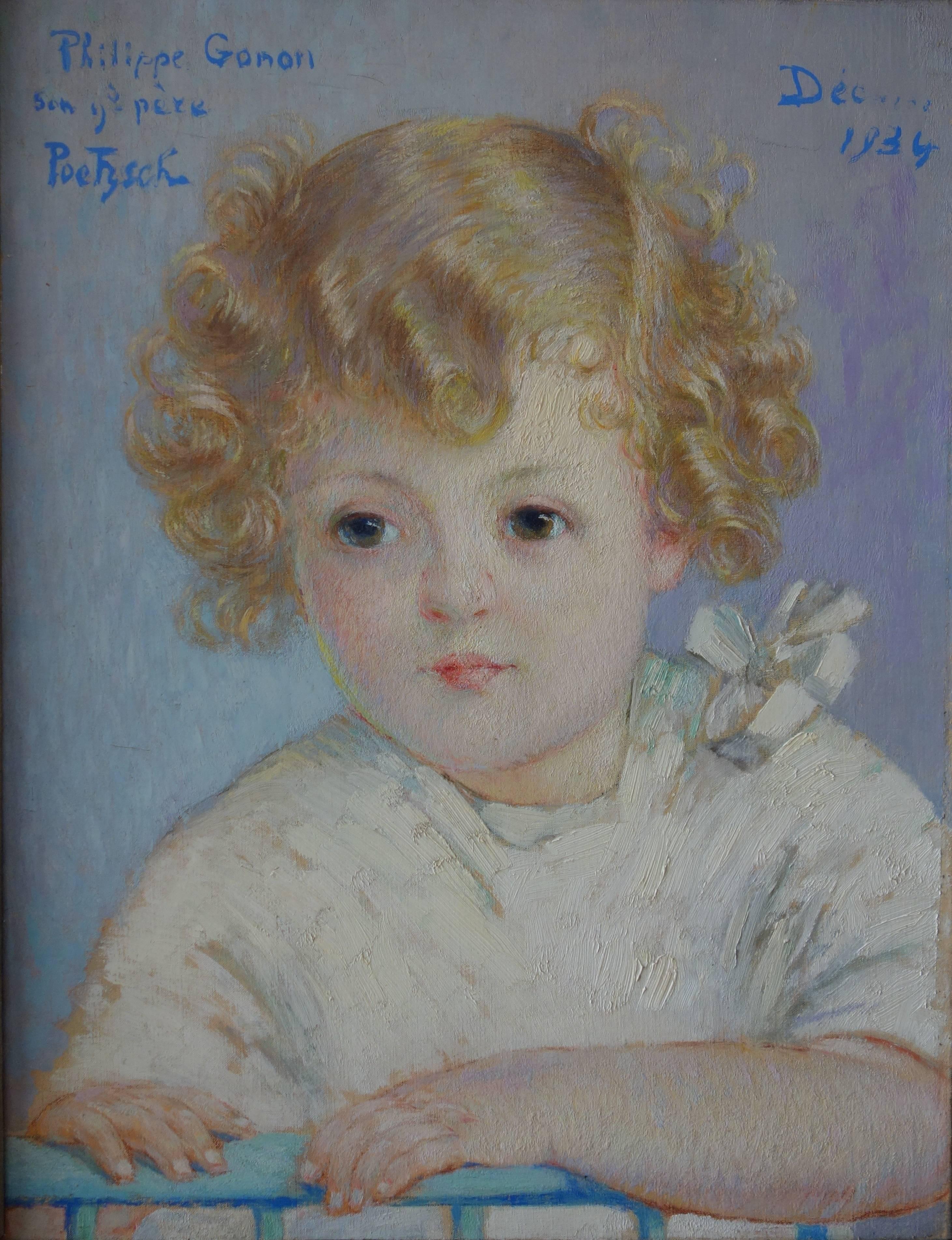 Peinture à l'huile sur toile originale signée Blond Hair Boy, 1934 - Painting de Gustave Poetzsch