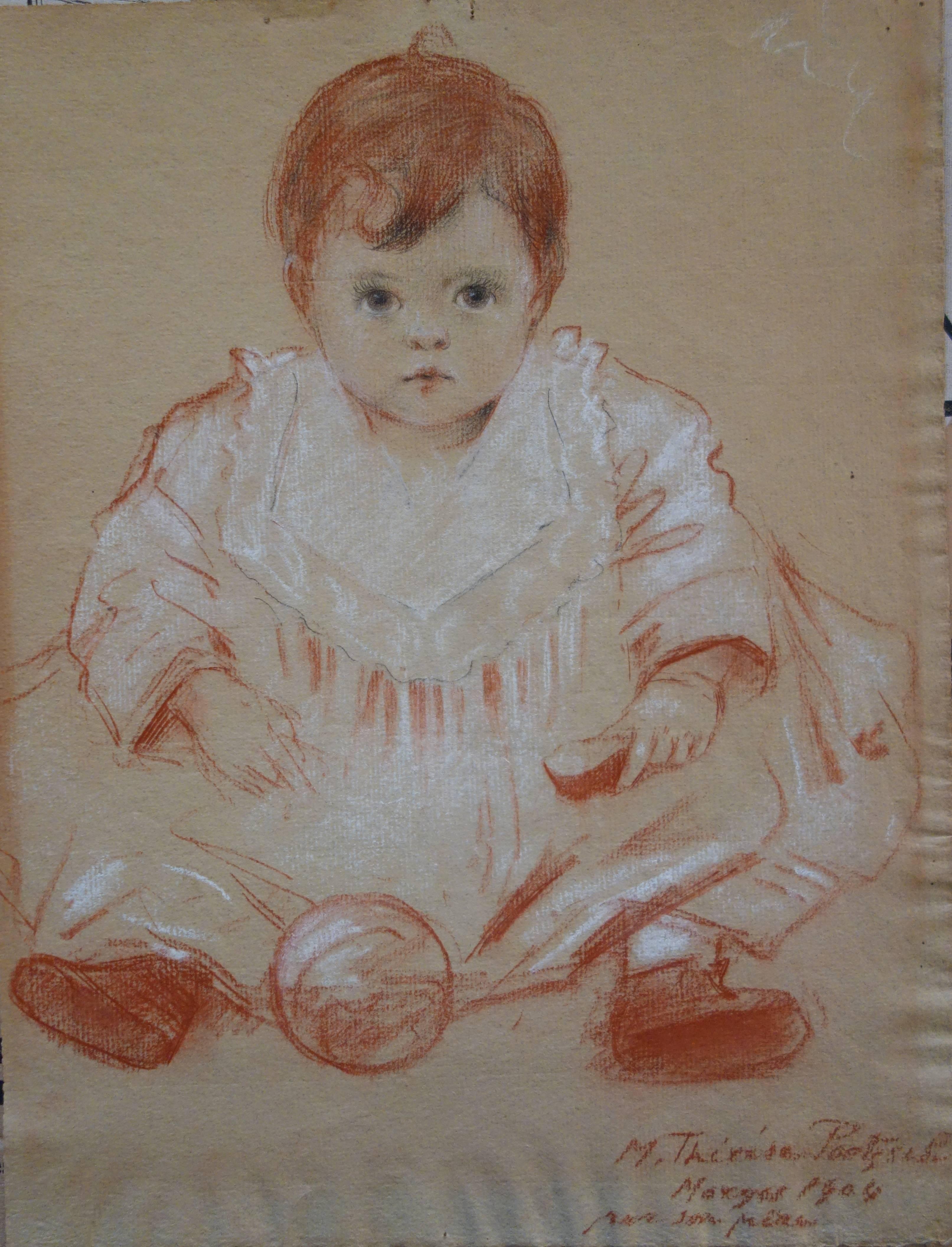 Gustave Poetzsch Portrait - Baby Girl with Red Ball - Original signed charcoals drawing - 1904