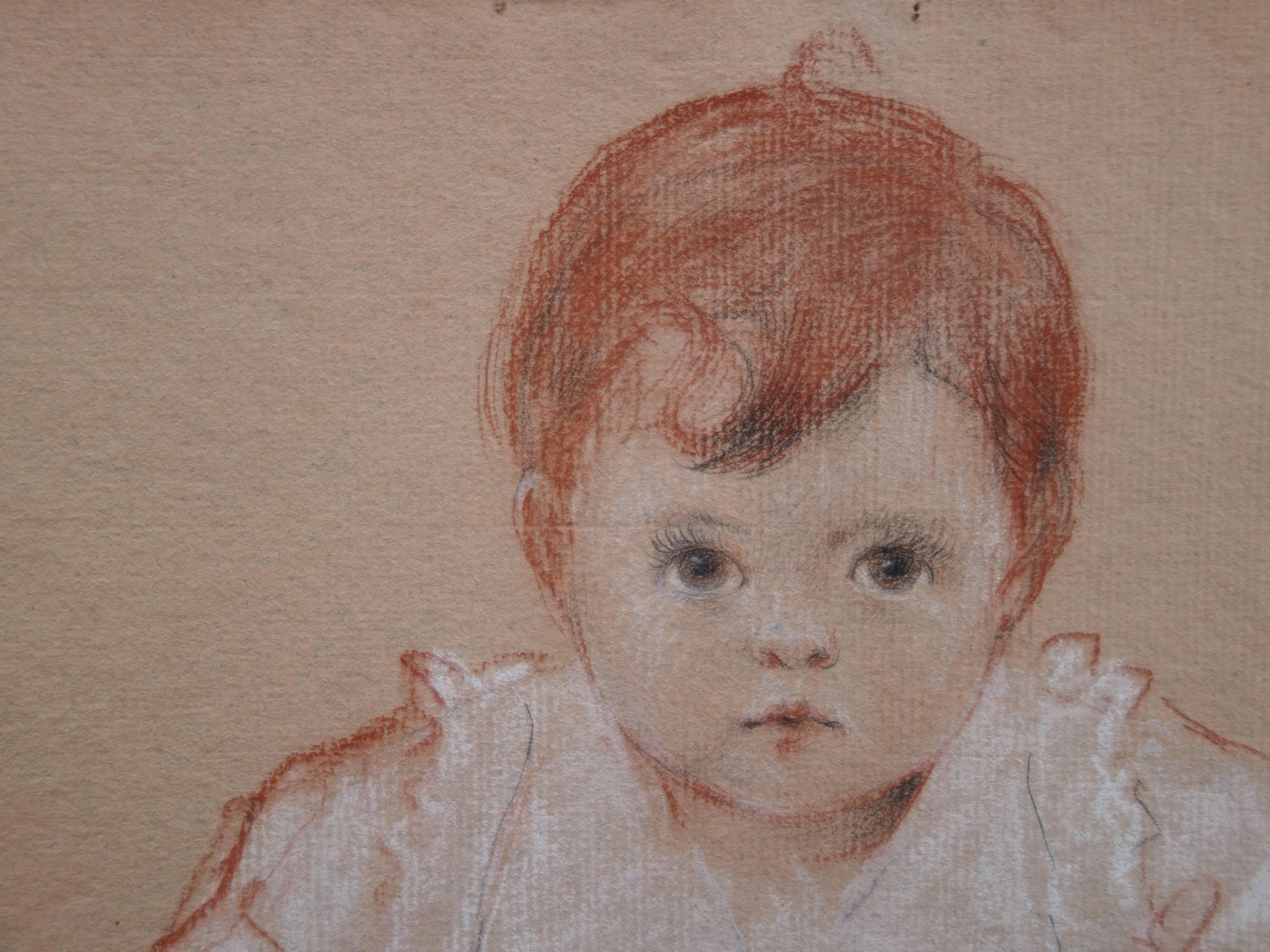 Baby Girl with Red Ball - Original signed charcoals drawing - 1904 1