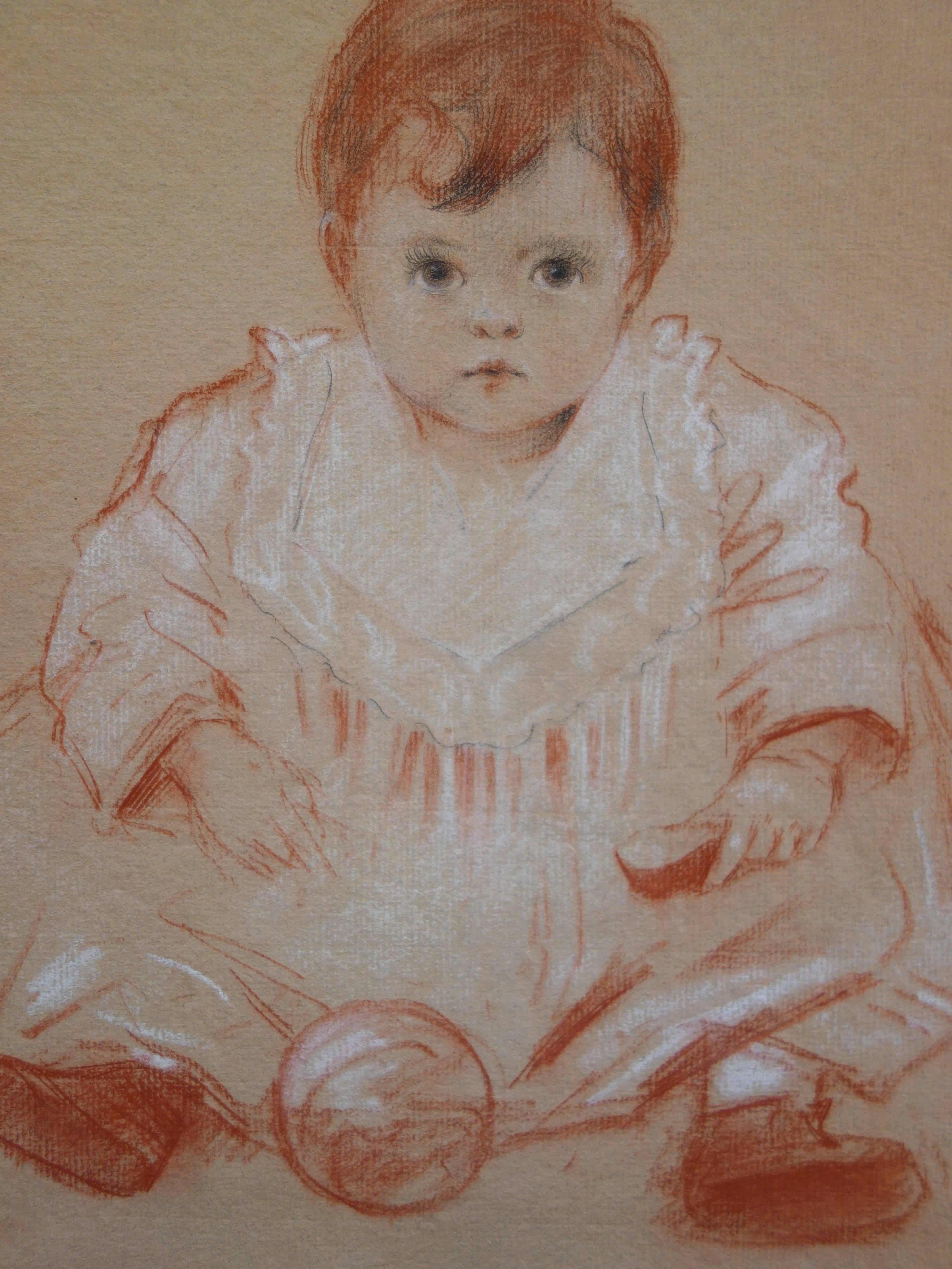 Baby Girl with Red Ball - Original signed charcoals drawing - 1904 - Realist Art by Gustave Poetzsch