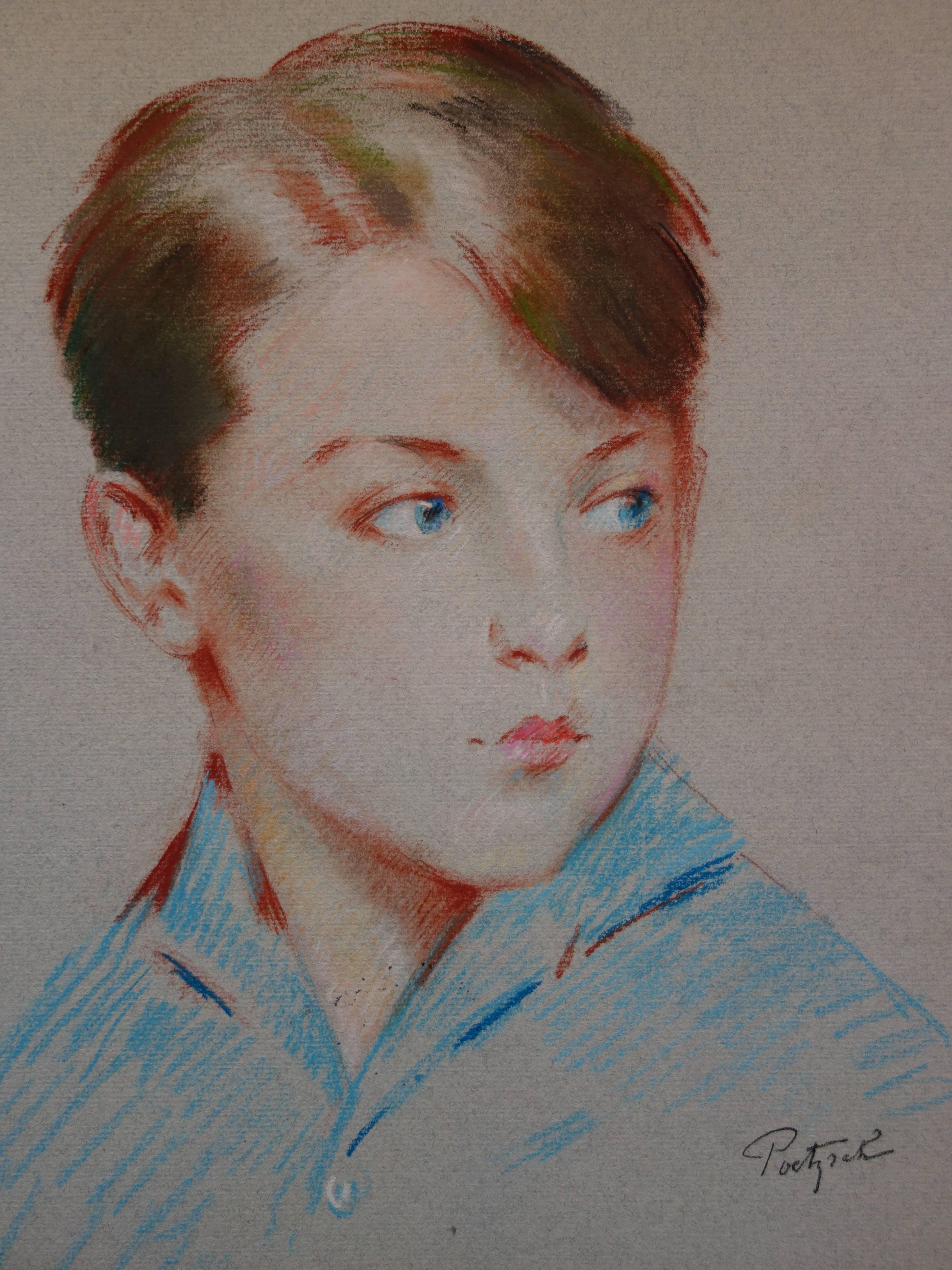 Blaue Augen Junge - Original signierte Kohlezeichnung (Realismus), Art, von Gustave Poetzsch