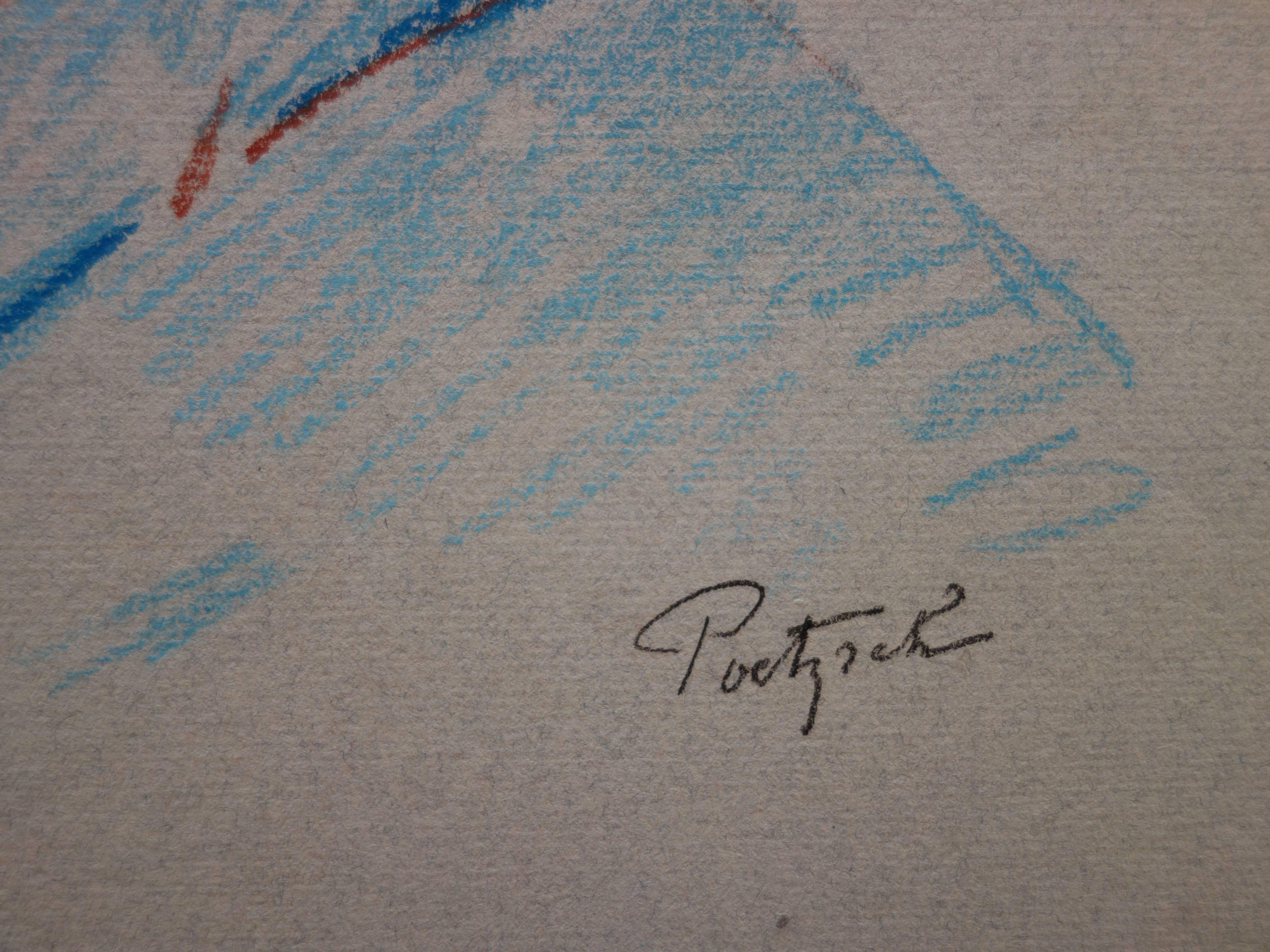 Blaue Augen Junge - Original signierte Kohlezeichnung – Art von Gustave Poetzsch