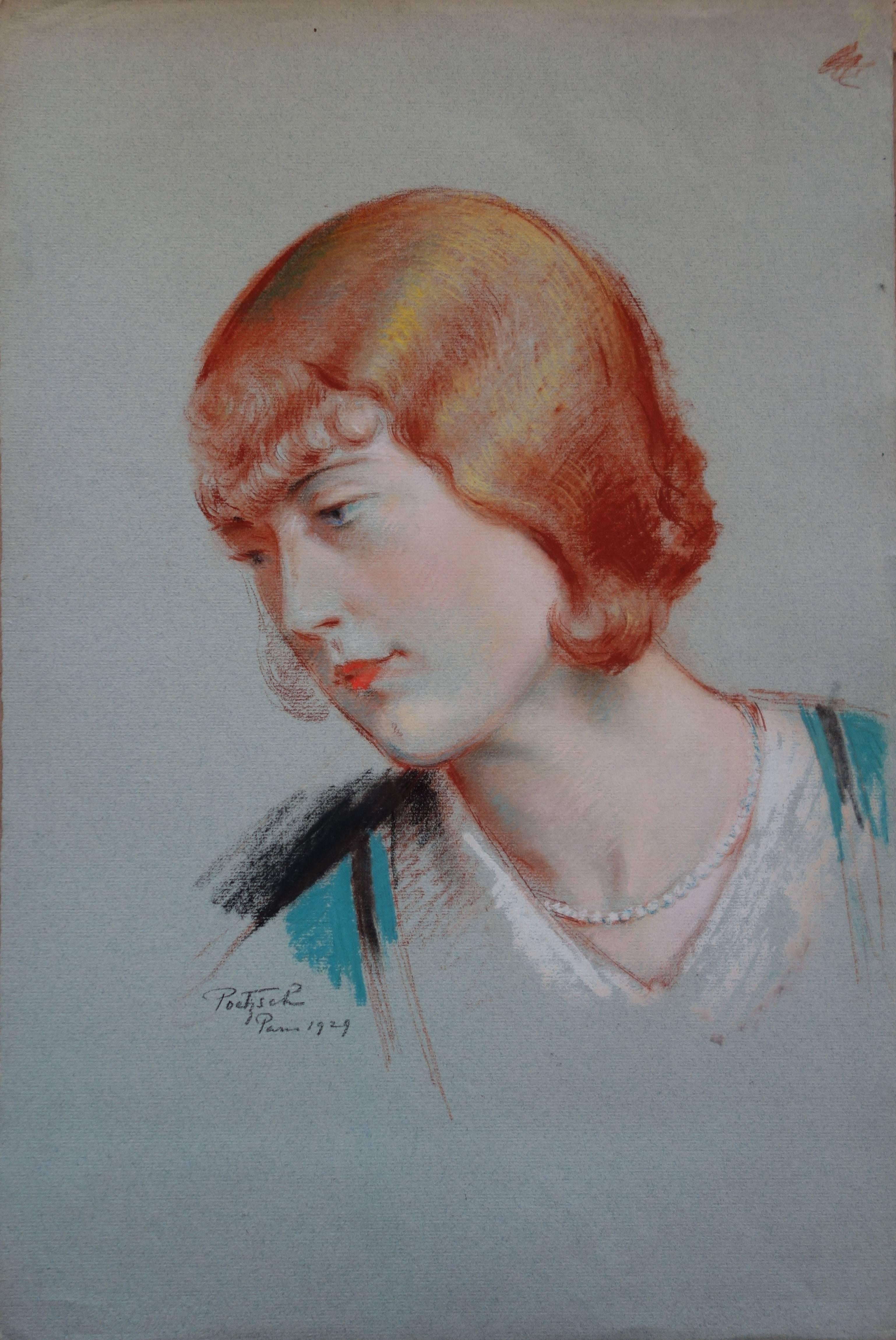 Gustave Poetzsch Portrait - Red Hair Thinking Woman - Original Signed Charcoals Drawing - 1929