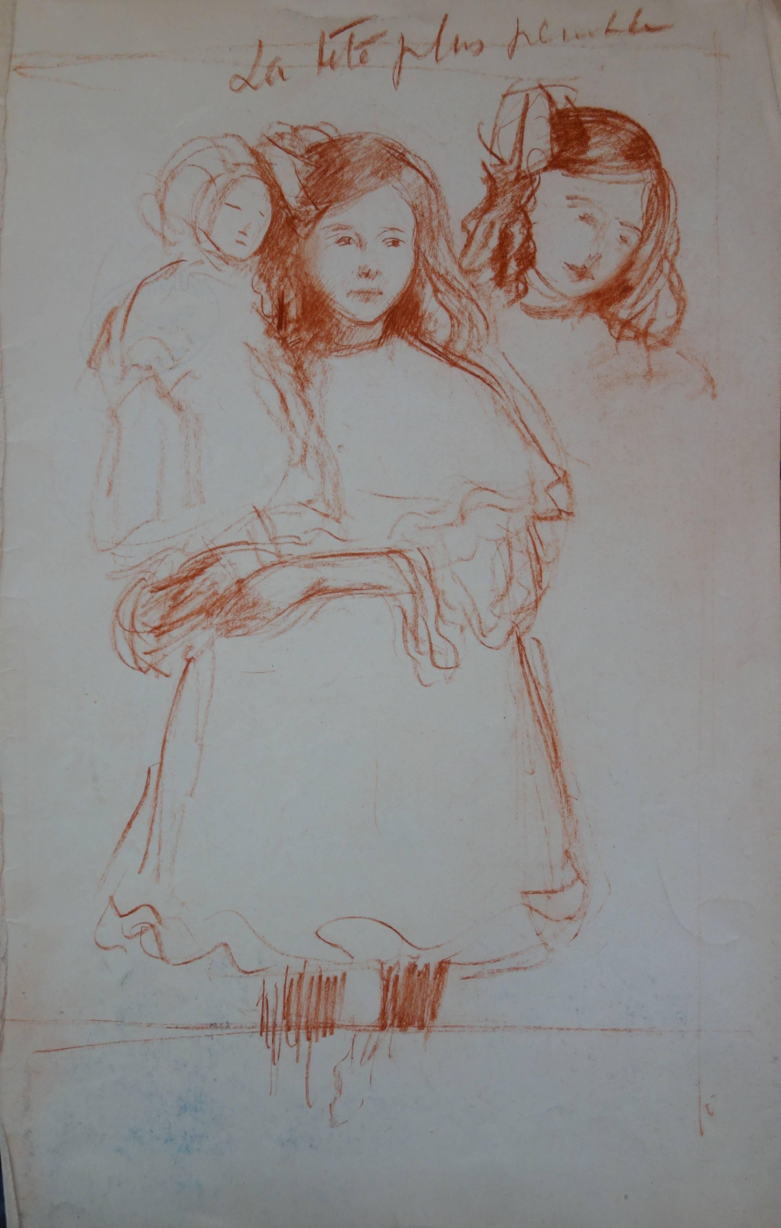 Gustave Poetzsch Portrait Print - Young Girl with Her Doll - Original Charcoals Drawing