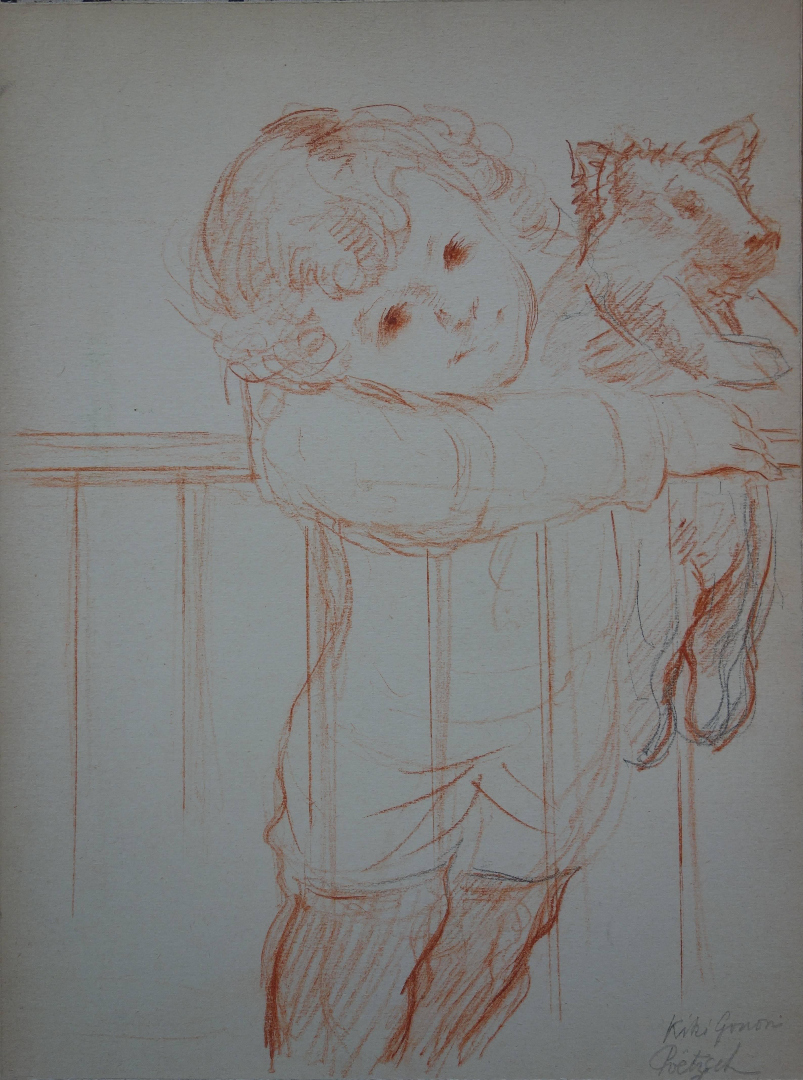 Gustave Poetzsch Portrait - Young Boy with Pig Stuffed Toy - Original Signed Charcoal Drawing