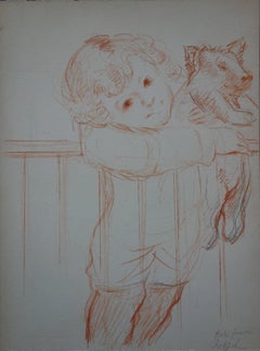 Young Boy with Pig Stuffed Toy - Original Signed Charcoal Drawing