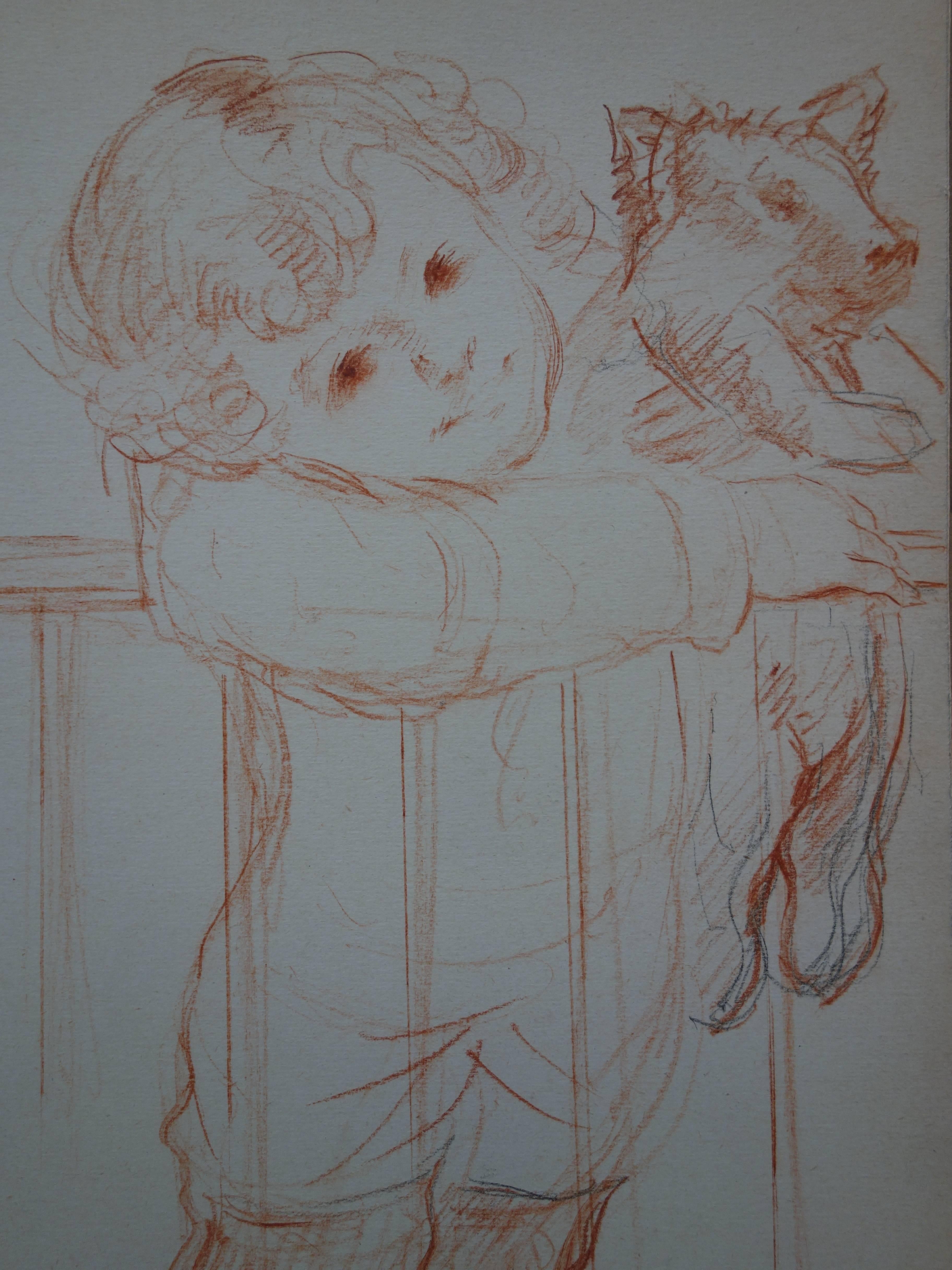 Junge mit Schwein als Stofftier - Signierte Original-Kohlezeichnung (Realismus), Art, von Gustave Poetzsch
