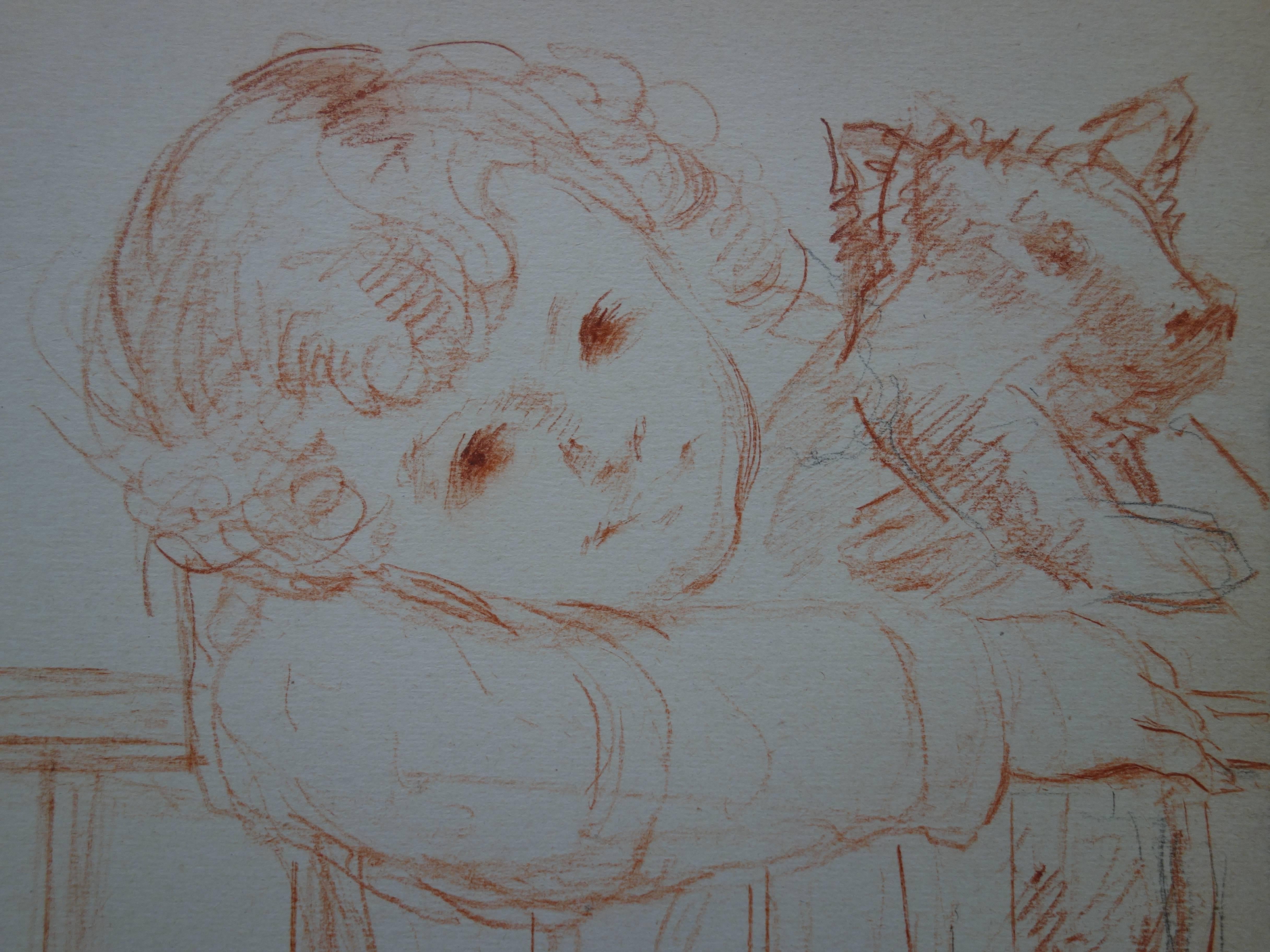 Junge mit Schwein als Stofftier - Signierte Original-Kohlezeichnung (Grau), Portrait, von Gustave Poetzsch